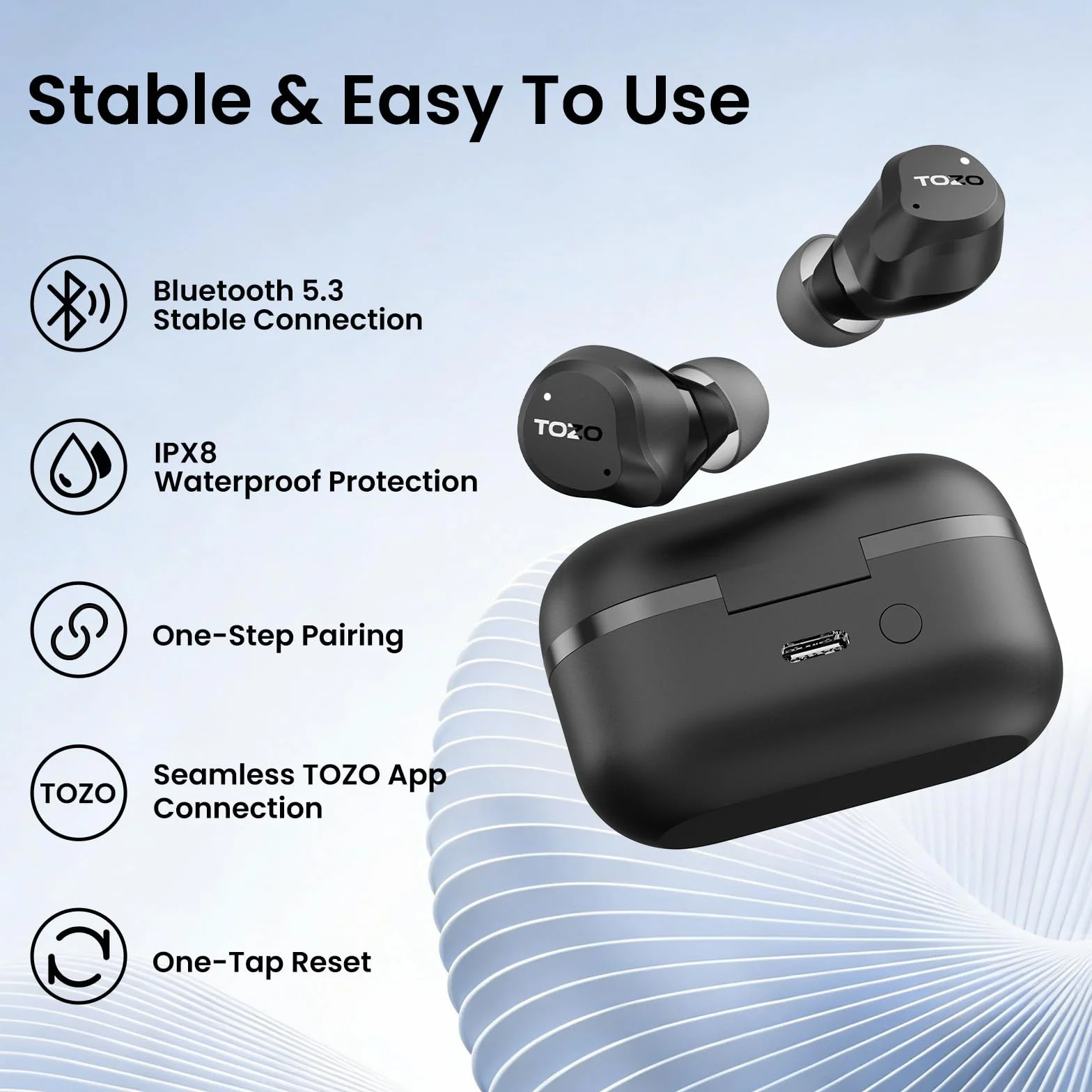 TOZO NC9 Cuffie Bluetooth 5.3 con ANC Ibrido, 6 Mics ENC, Suono OrigX 2.0, 60 Ore di Autonomia, Modalità Trasparente, IPX8, Ricarica USB-C, Comode e Facili da Usare per Lavoro, Gioco e Commuting Nero