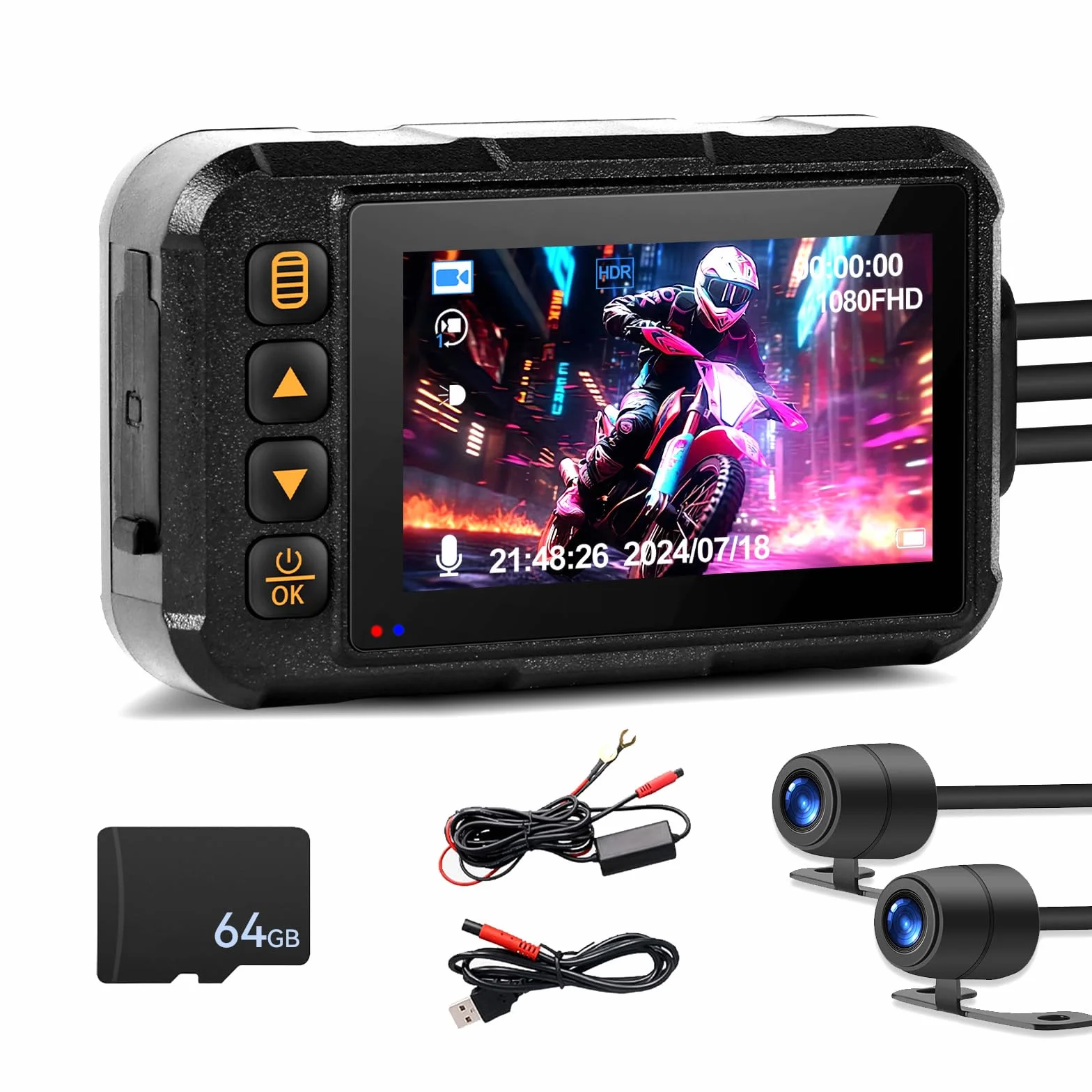 CAMECHO Moto Dash Cam 3 Pollici Schermo con 64GB TF Scheda, IP67 Impermeabile Doppia Telecamere Grandangolare 120 Gradi 90 Gradi Fotocamera per Moto con HDR, G-Sensor, Registrazione in Loop