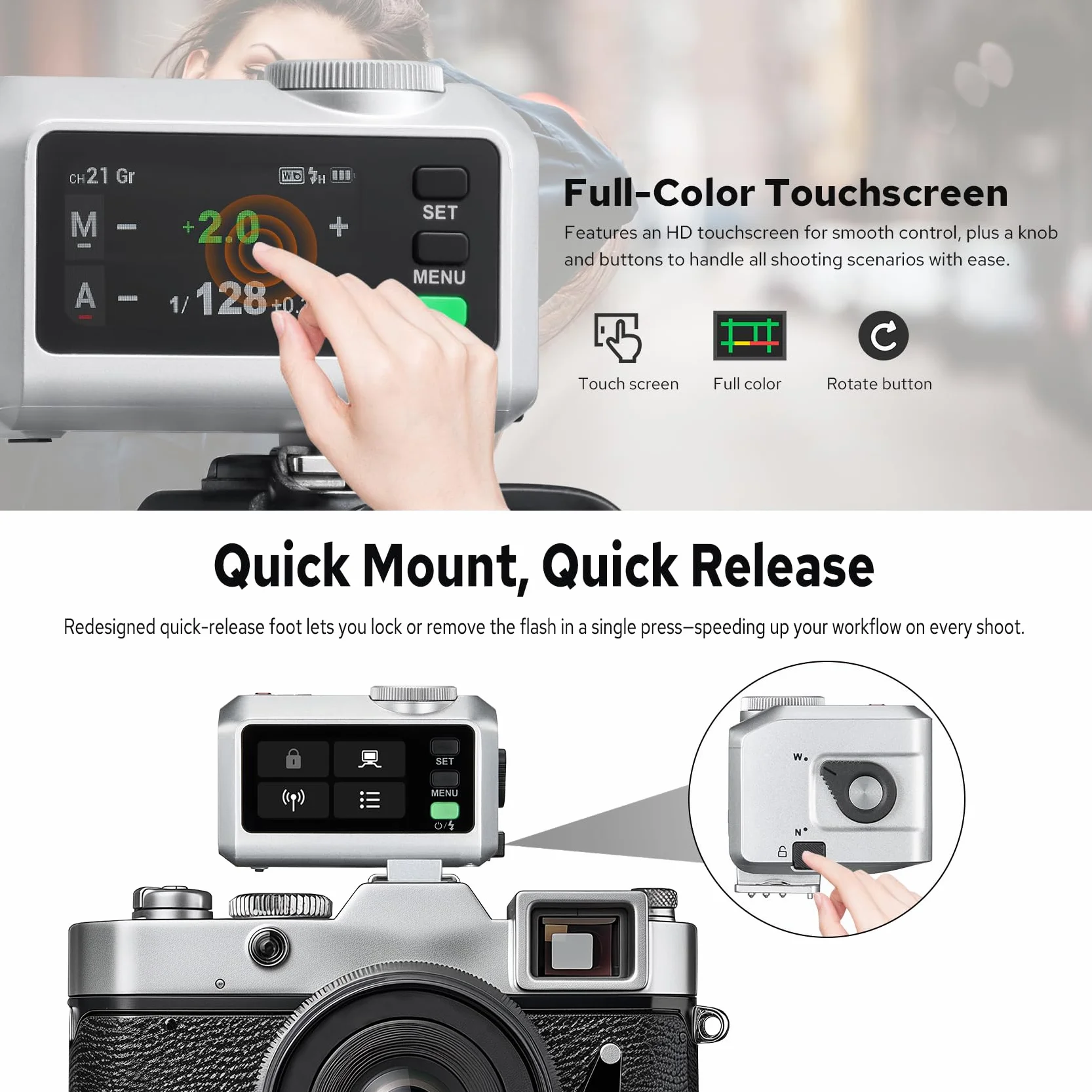 GODOX iT30Pro C TTL Camera Flash Speedlite per Canon, iT30ProC GN15 2.4 GHz HSS 1/8000s, Tempo di Riciclo 1.5s, iFlash Pocket Speedlight con Batteria Li-ion 7.4V 900mAh, Diffusore Integrato（Argento）
