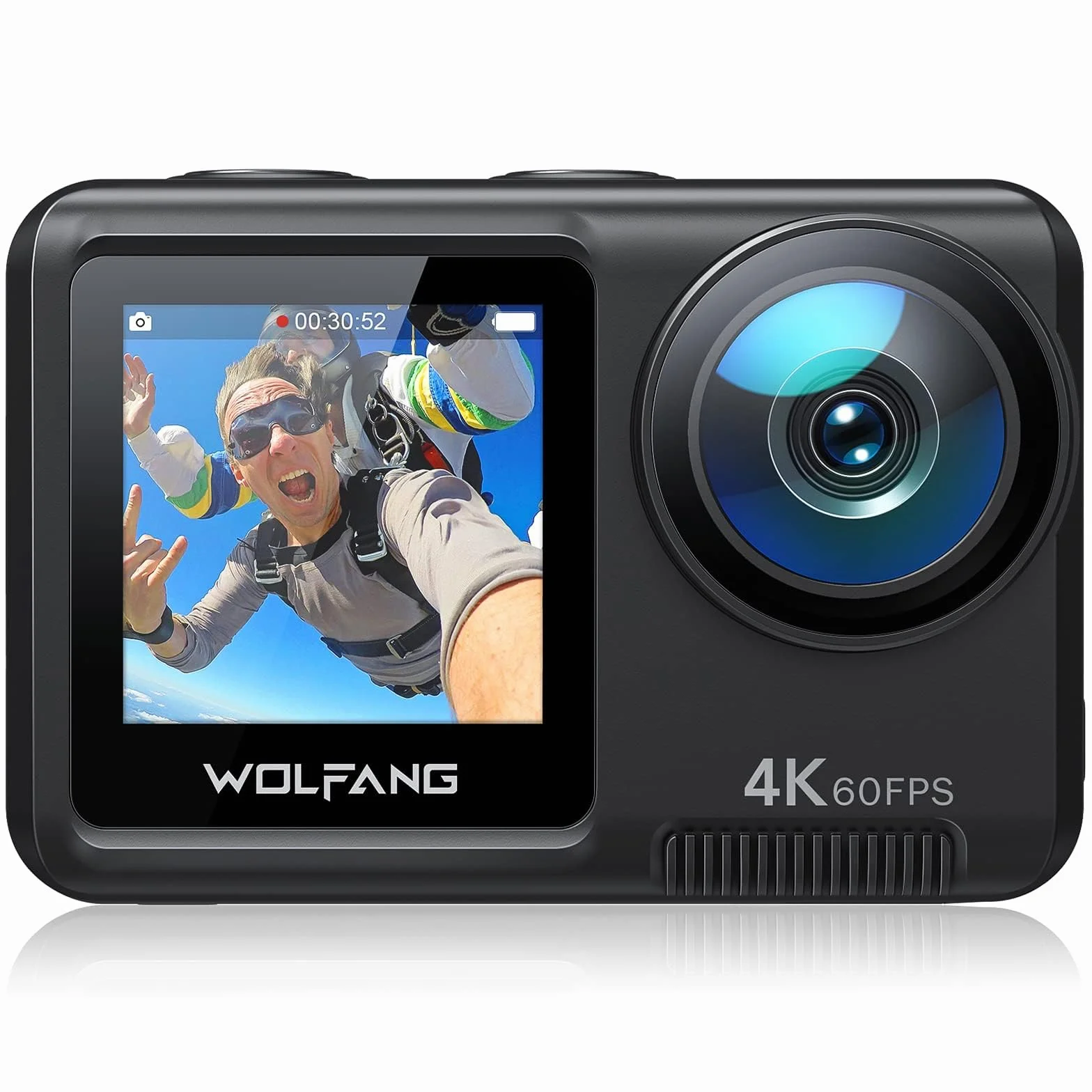 WOLFANG Dual Color Screen Action Cam 4K 60FPS 24MP GA420 WiFi Fotocamera, 10M Corpo/40M Custodia Impermeabile Subacquea Videocamera Casco con Telecomando, Dual Mic, Batterie 2x1350mAh Multi Accessori