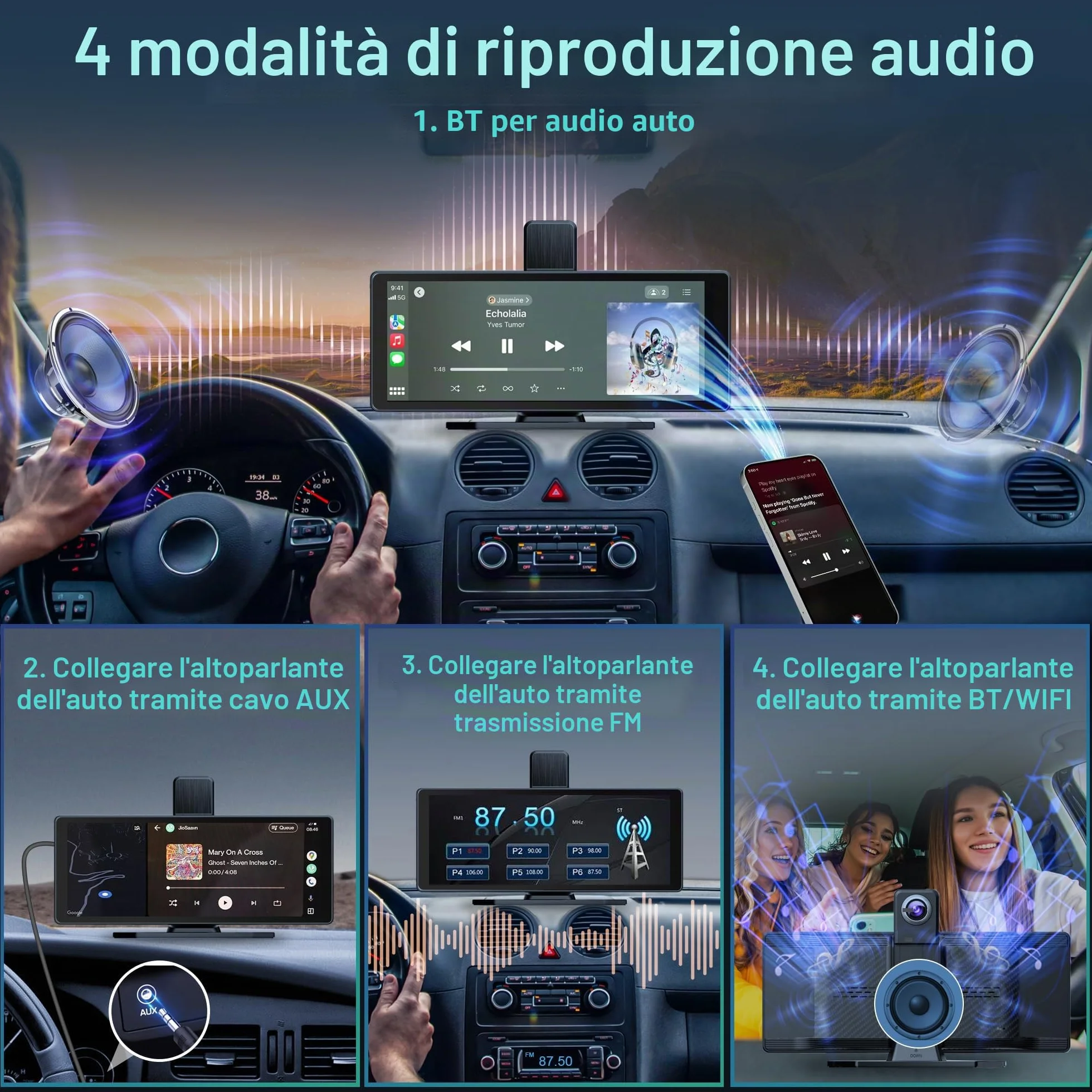 Audio Portatile Per Auto, 10.26" Schermo Carplay,car play per auto android con doppia telecamera anteriore + posteriore 4K 1080P, riproduzione car play wireless con Mirror Link/S-iri/AUX/64G TF