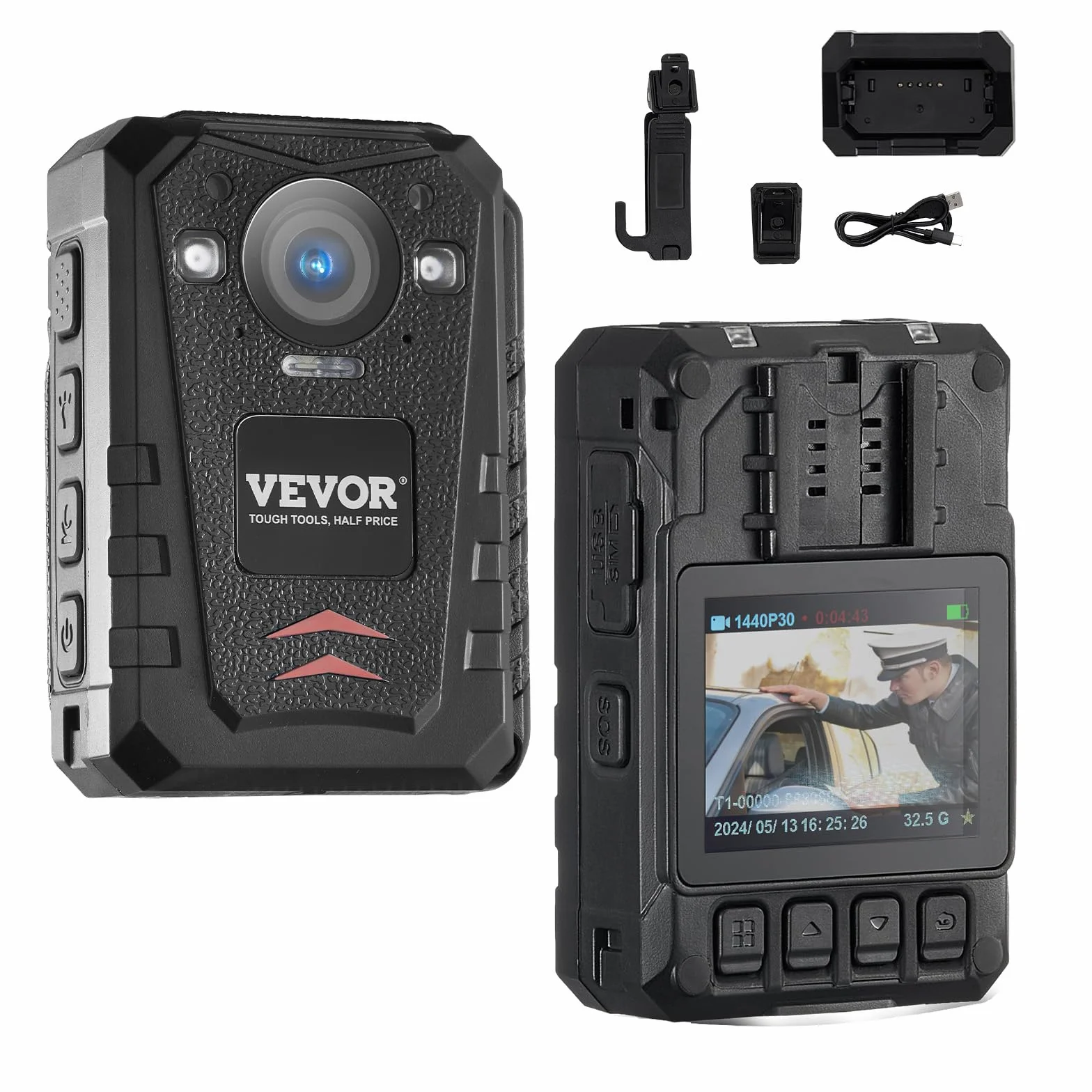 VEVOR Telecamera per Corpo della Polizia HD 1440P, 64 GB Audio Video, Batteria Integrata da 3500 mAh, LCD 5 cm, Visione Notturna Infrarossi, Telecamera Corpo Personale Impermeabile Forze dell'Ordine