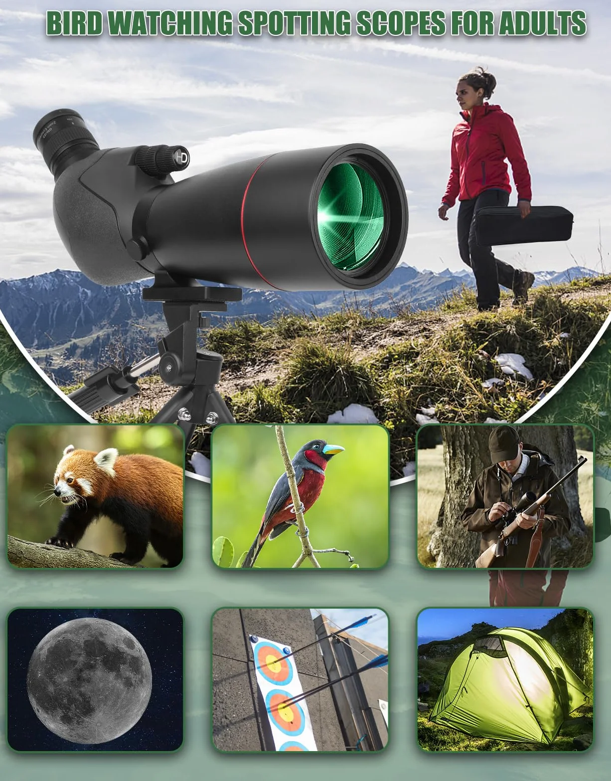 Cannocchiale Zoom ad Alta Potenza con Adattatore per Telefono, Treppiede, Borsa, Oculare Angolato 45°, per Tiro al Bersaglio, Osservazione Uccelli e Caccia (black)