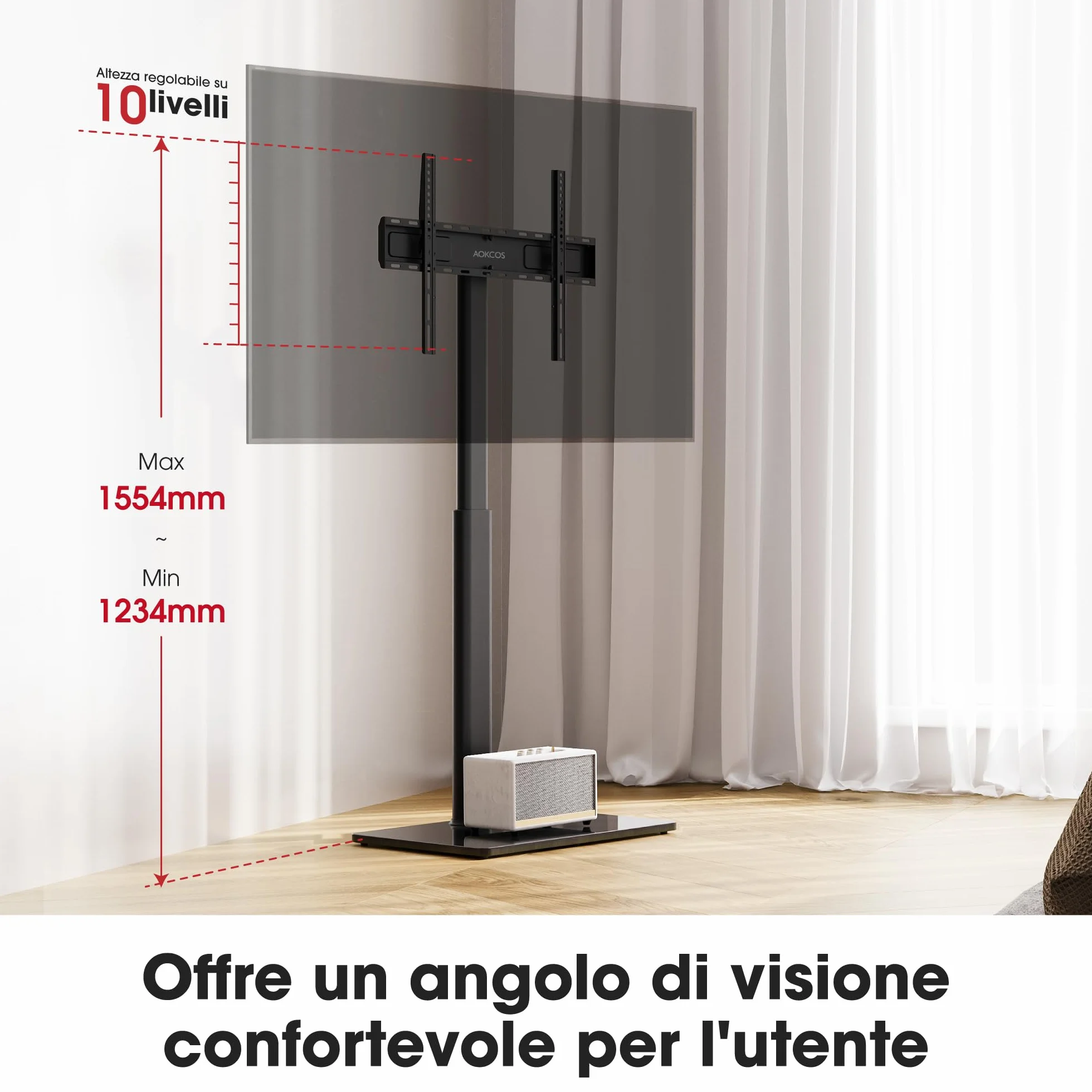 AOKCOS Supporto TV da Pavimento Girevole per 42-85 Pollici, inclinabile & Girevole & Altezza Regolazione Mobile Porta TV da Terra, Universale Max VESA 600x400mm 50kg