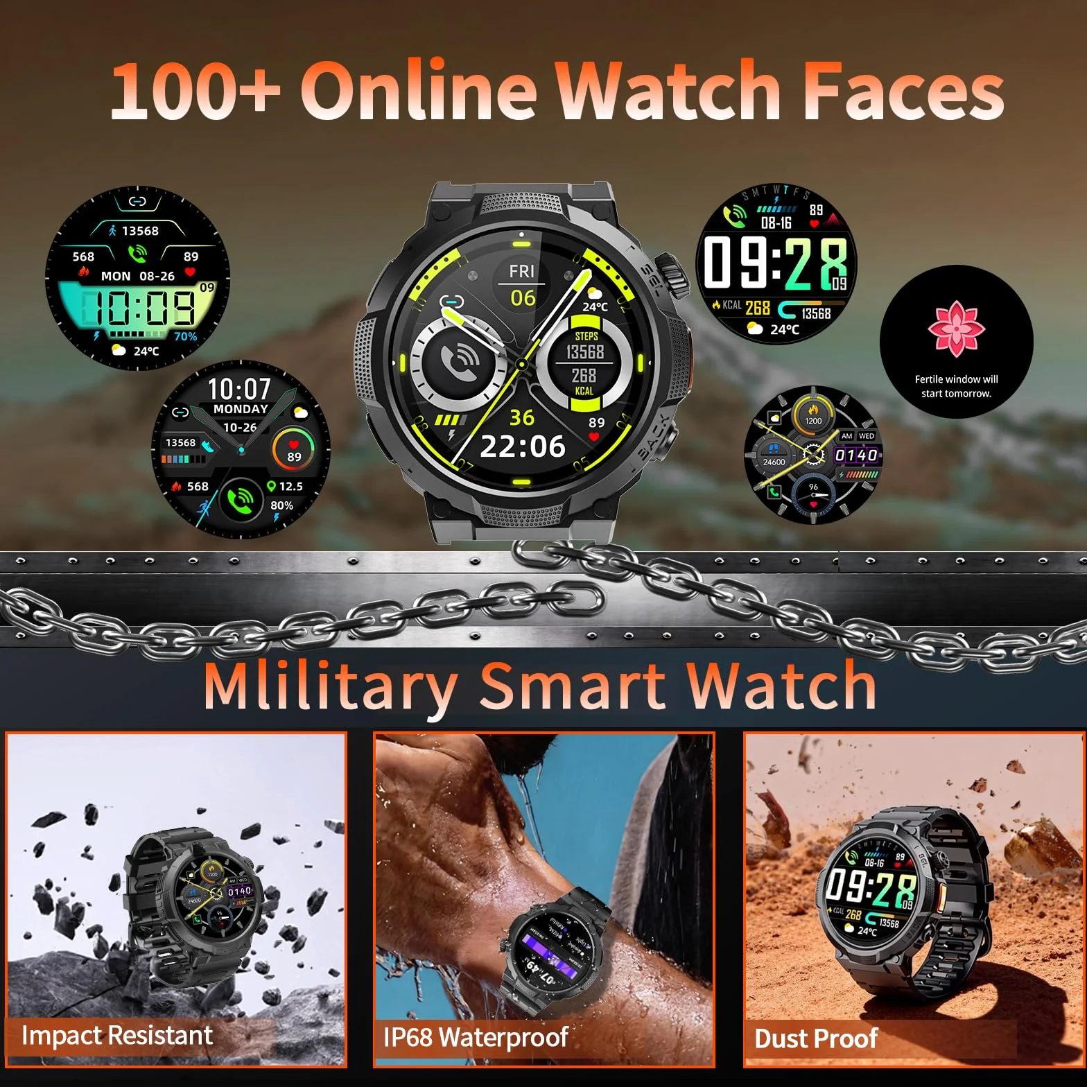 Smartwatch Uomo Militare, Orologio Smartwatch 1.43" con Chiamate Bluetooth, 100+ Modalità Sportive, Batteria 1000 mAh, Monitoraggio Sonno e Cardiofrequenzimetro, Torcia e Bussola per IOS/Android