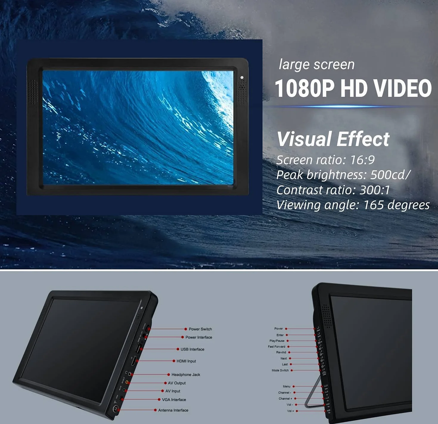 Televisore Portatile, da 12.1 Pollici Piccolo TV LED Display TV per auto Portatile 1080P HD, con 1500mA Batterie Ricaricabili e Antenna per viaggiare da letto, Cucina, Caravan, Supporto TV Analogica