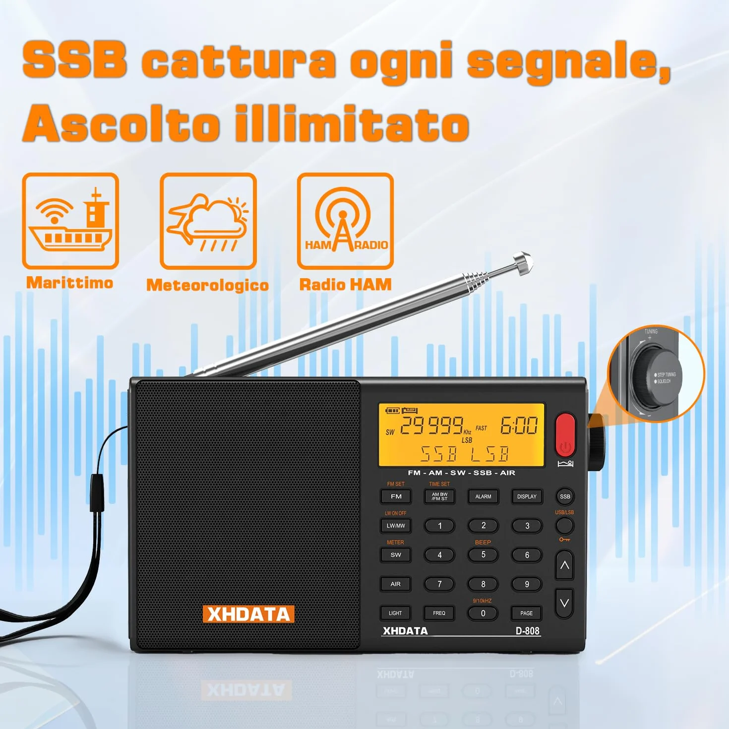 XHDATA D-808 Radio digitale portatile FM Stereo SW MW LW SSB RDS Air Band Multi Band con ATS, display LCD, nero