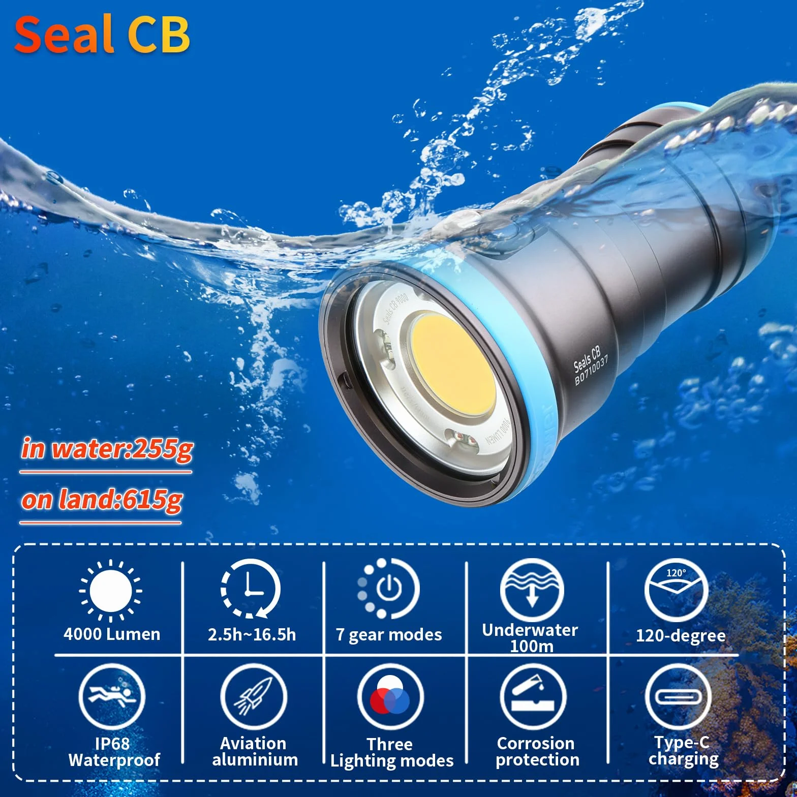Seal CB Torcia Video Subacquea 4000 Lumen - 120° CRI 94 6500K, Impermeabile 100m, Ricarica USB-C per Video e Foto Subacquee Professionali