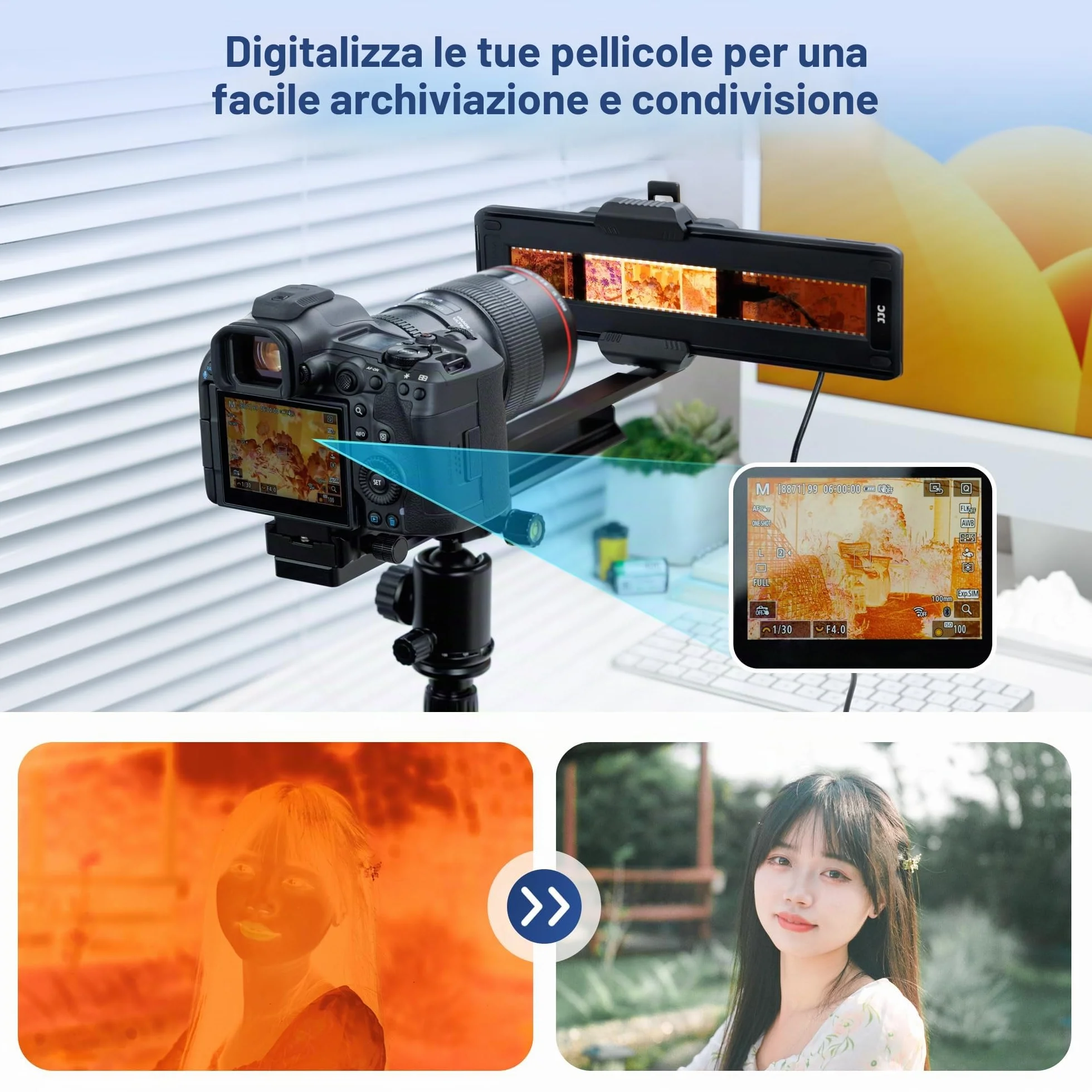 JJC Adattatore per la Digitalizzazione di Pellicole con Asta Regolabile e Set di luci LED Convertire Pellicole Negative da 35 mm e Diapositive in JPEG Digitali, per Canon Sony Nikon Obiettivo Macro