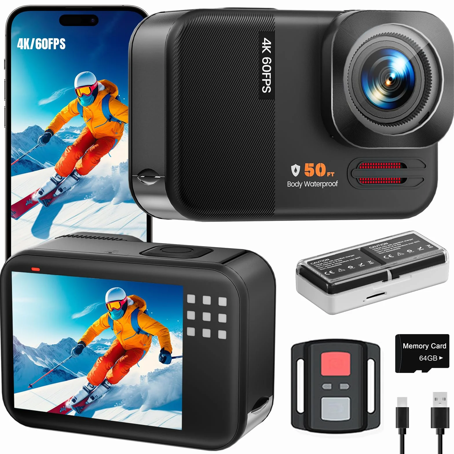 Action Cam 4K 60FPS 48MP 50ft Fotocamera Subacquea con 64GB Scheda WIFI Grandangolo 170° Telecomando 2x1350mAh