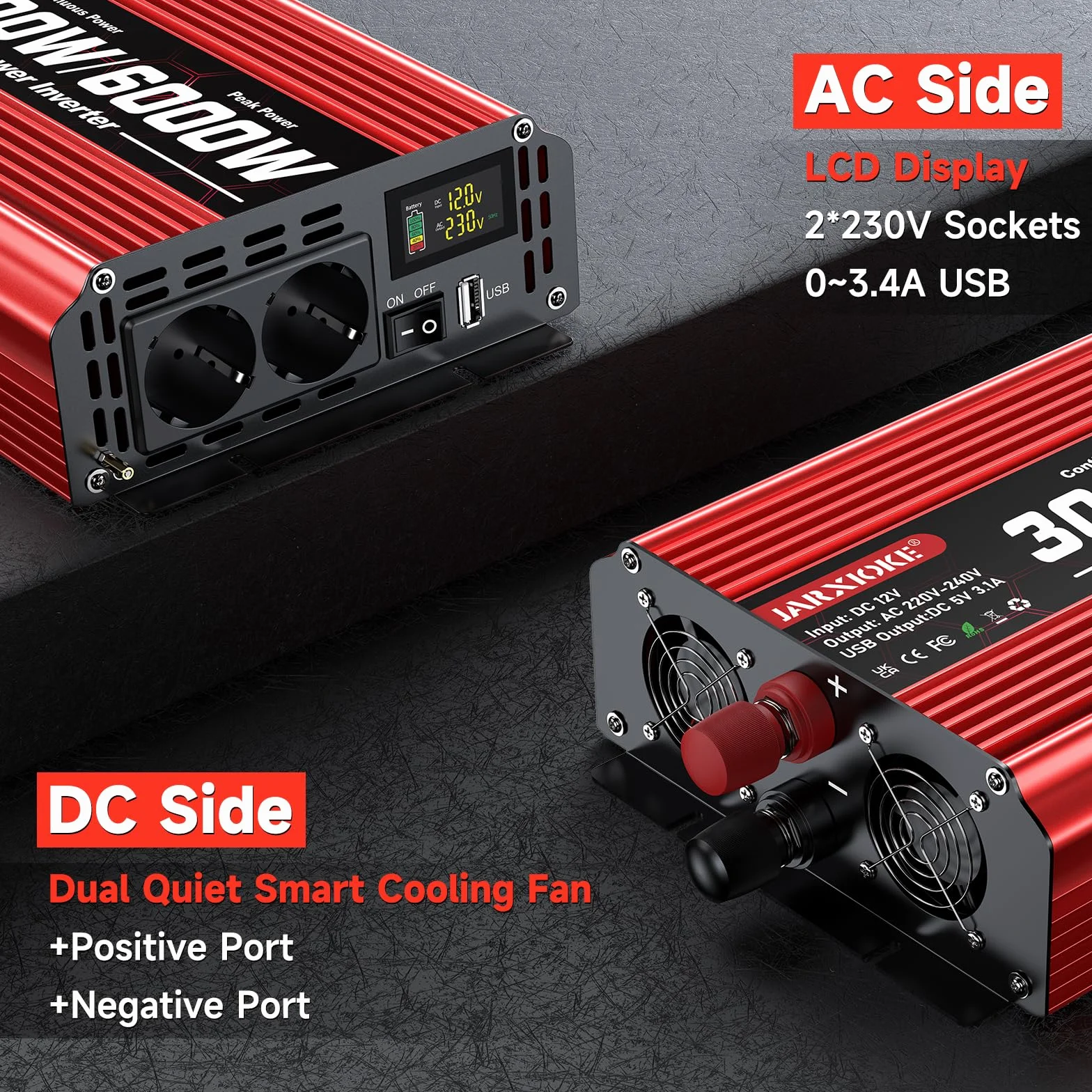 Inverter 3000W 12V 220V Onda Sinusoidale Modificata con Display 2 Prese AC USB per Auto Camper
