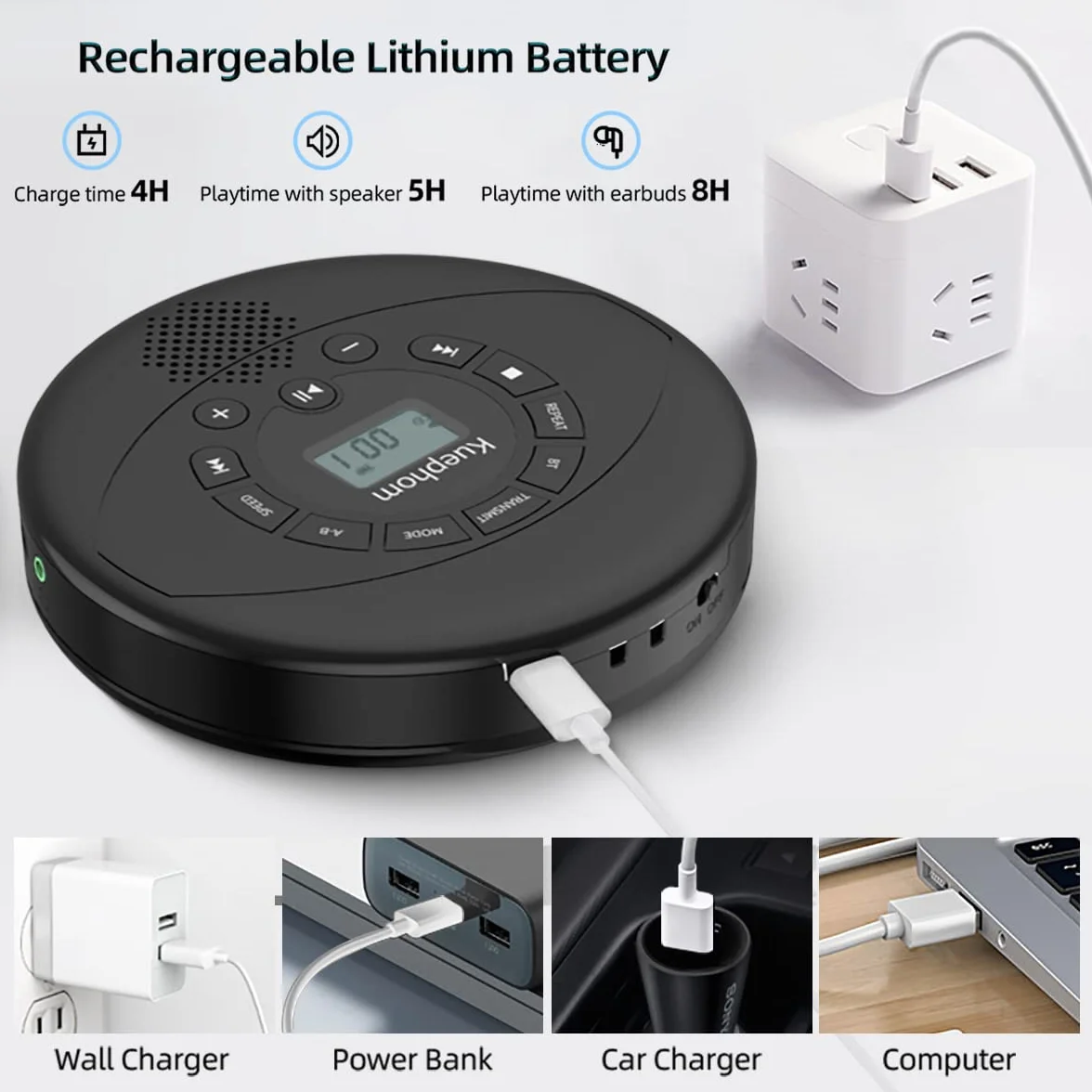 Lettore CD portatile, Discman ricaricabile, lettore CD Walkman con altoparlante, lettore CD portatile con cuffie, CD-R, lettore MP3 USB, anti salto CD per auto, adatto per uso personale o multiutente,