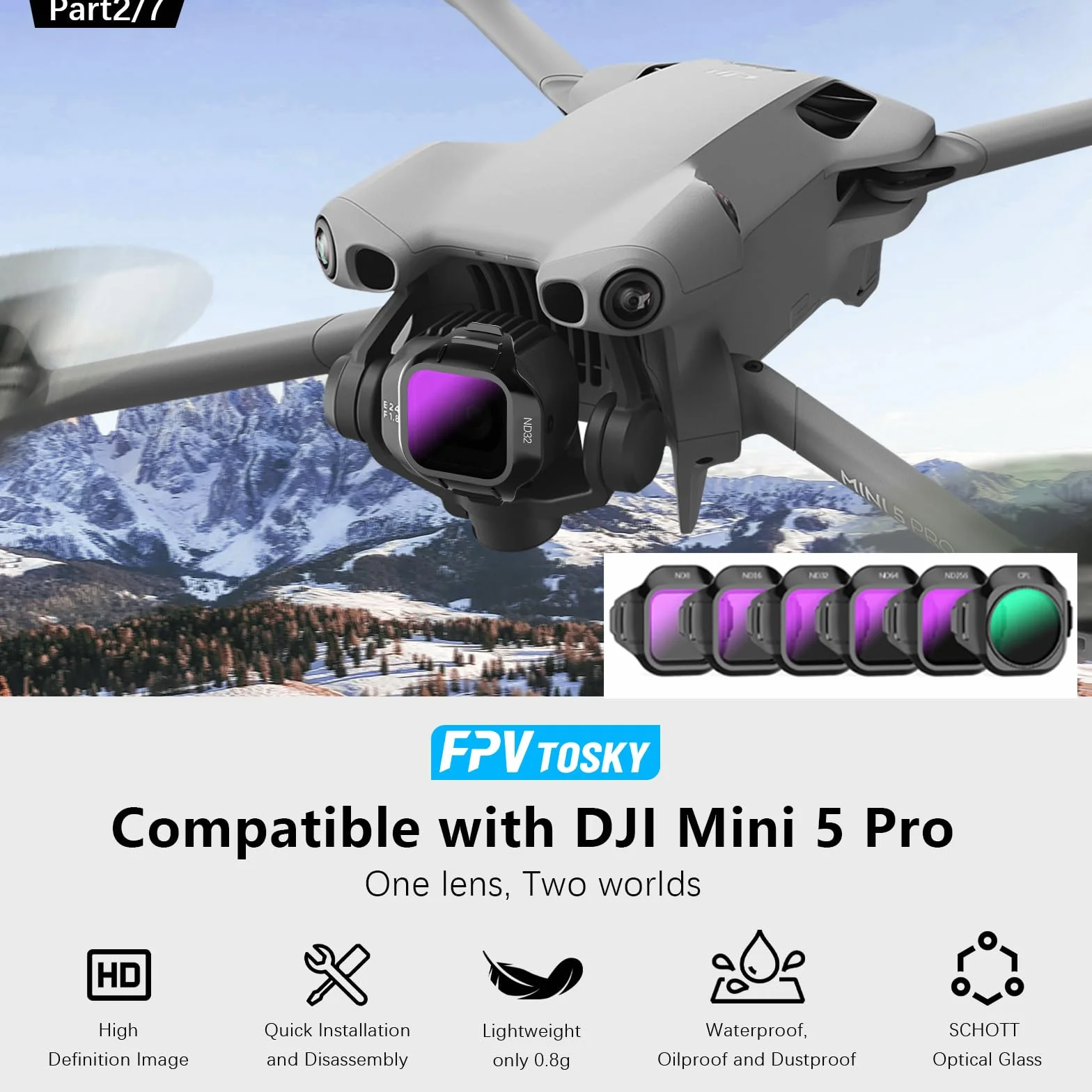 FPVtosky Set di custodia rigida per DJI Mini 5 Pro, kit di accessori per droni include custodia a doppio strato, parasole RC2, cordino, protezione schermo in vetro temperato RC2, tappetino di