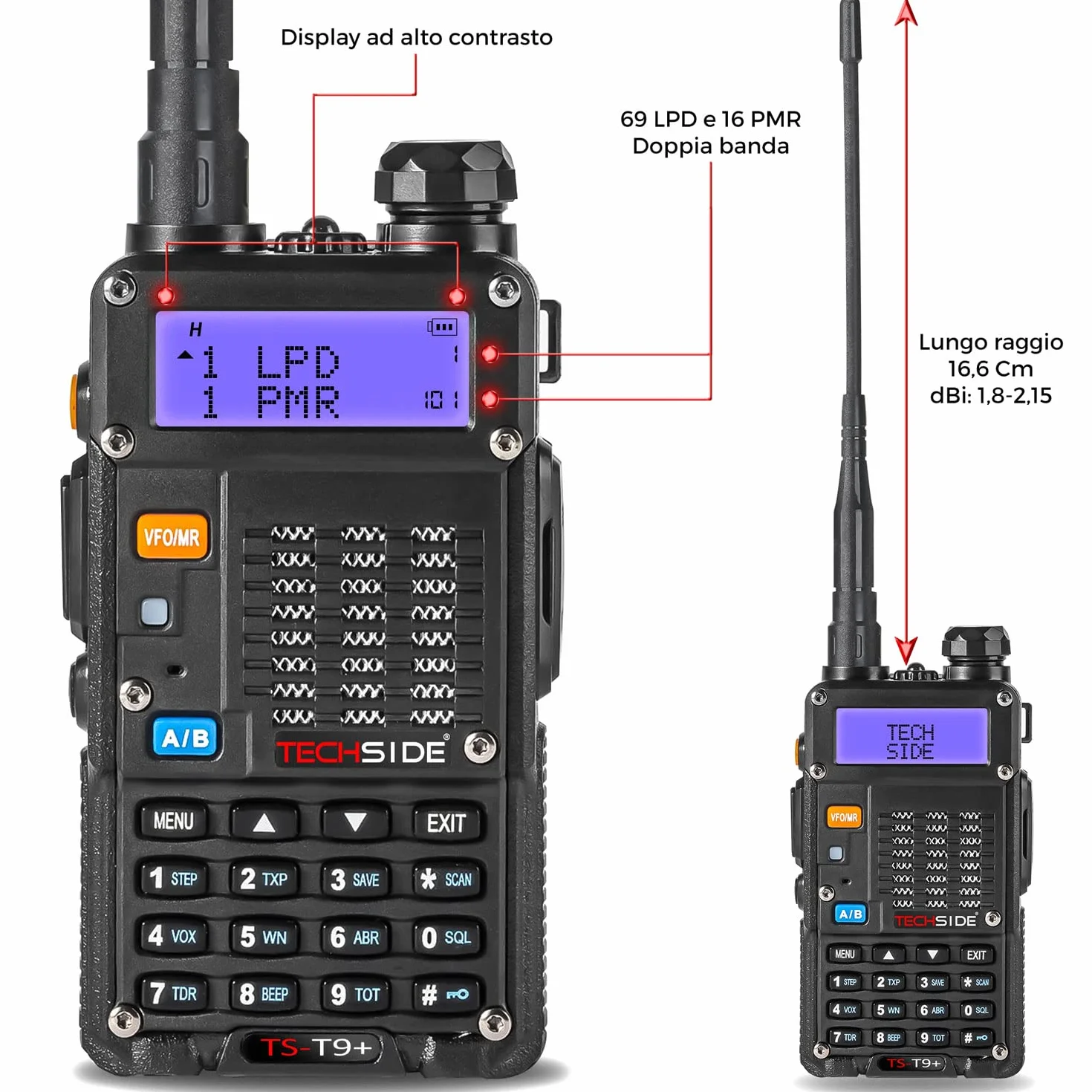 TECHSIDE MOD. POTENTE 8W | Tri-Power | Radio TS-T9+ Dual Band Vhf/Uhf | COMPATIBILE BAOFENG canali PREINSTALLATI MIDLAND G7 Pro G9 TI-F8+ PMR446 LPD SoftAir Vigilanza