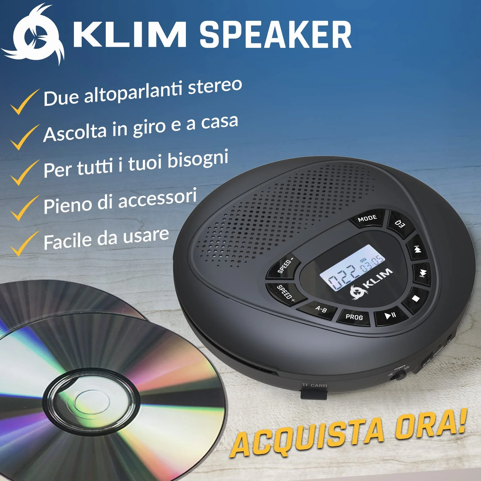 Lettore CD Portatile Stereo con Altoparlanti, Batteria Ricaricabile, microSD, AUX per Auto