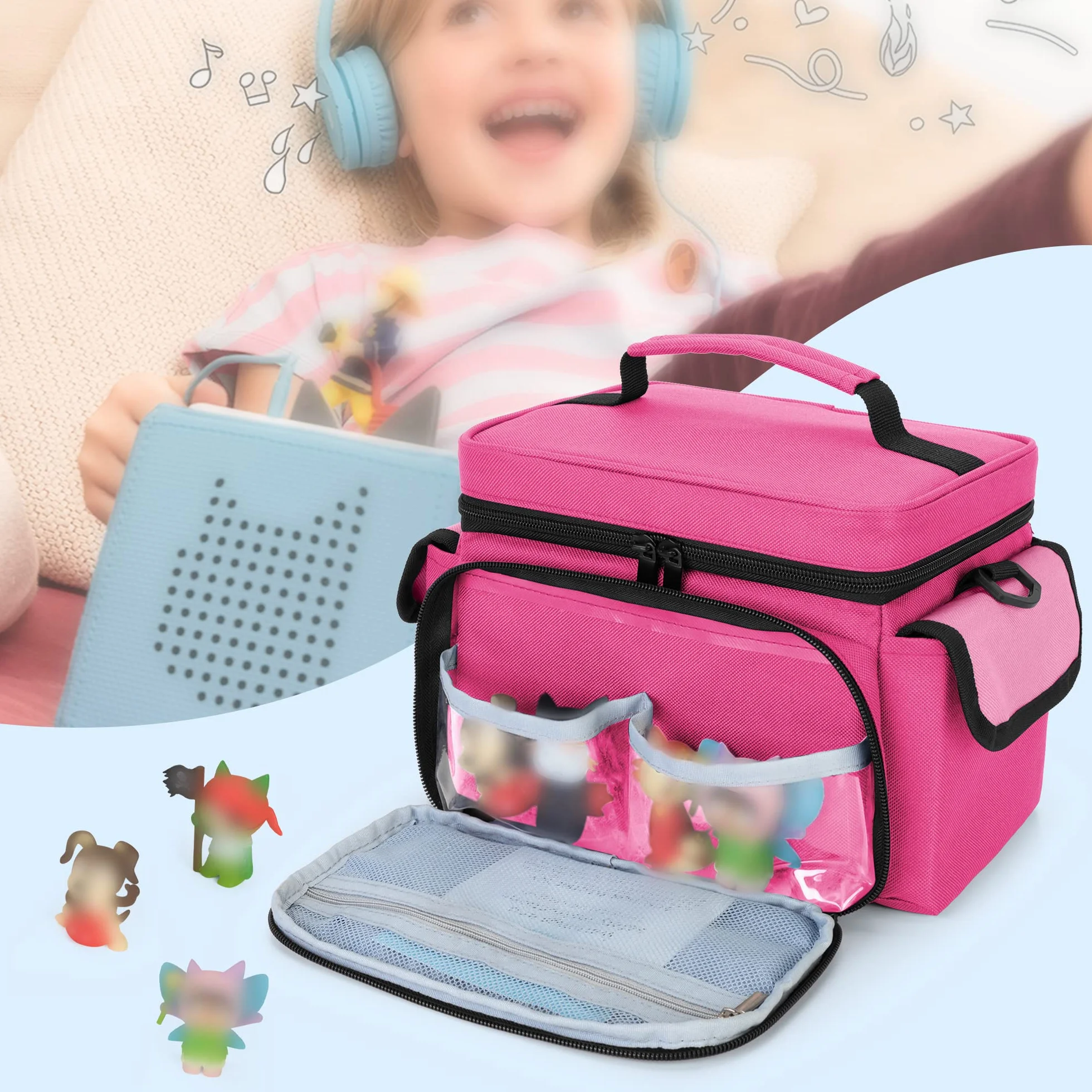LoDrid Custodia Compatibile con Toniebox 2/1, Borsa Portatile per Lettore Audio Starter Set con Manico e Tracolla per Organizer per Accessori, Rosa Rossa, Solo Borsa (design brevettato)