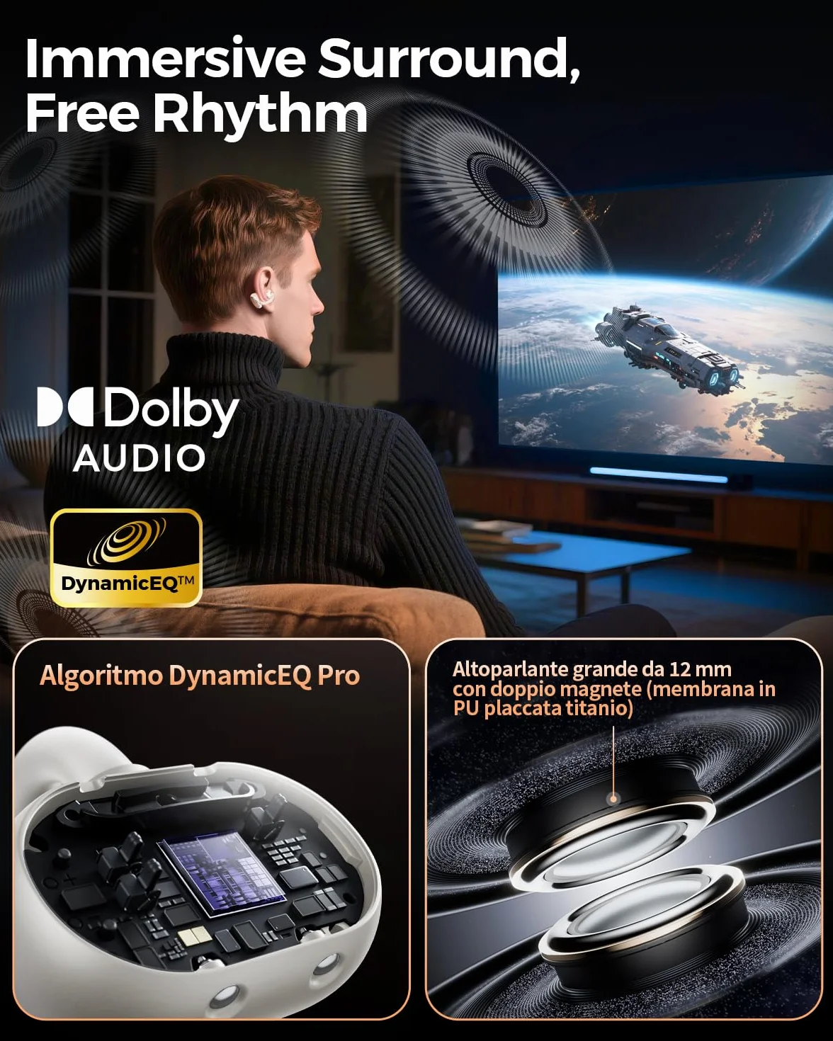 SoundPEATS Clip1 Open-Ear Auricolari, con Hi-Res e LDAC, Audio Dolby, Autonomia di 40 Ore, Ricarica Rapida, Bluetooth 5.4, Connessione Multipla, IPX5, Rilevamento Uso, PeatsAudio APP