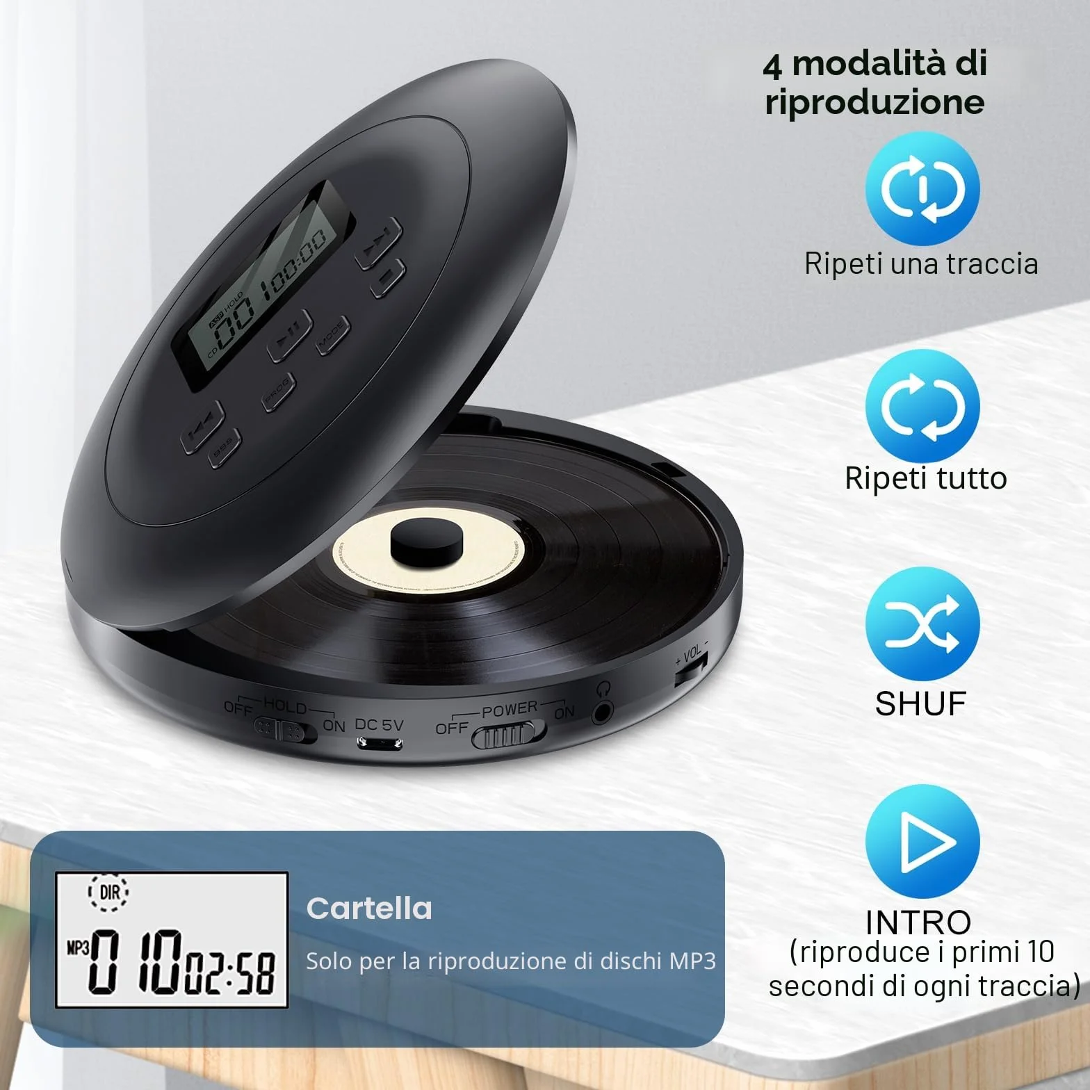 Gueray Lettore CD Portatile Lettores CD Personale con Cuffie Display LCD Anti-Skip Protezione HiFi Classico CDs Lettori di Musica Memoria per Auto Casa (Nero)