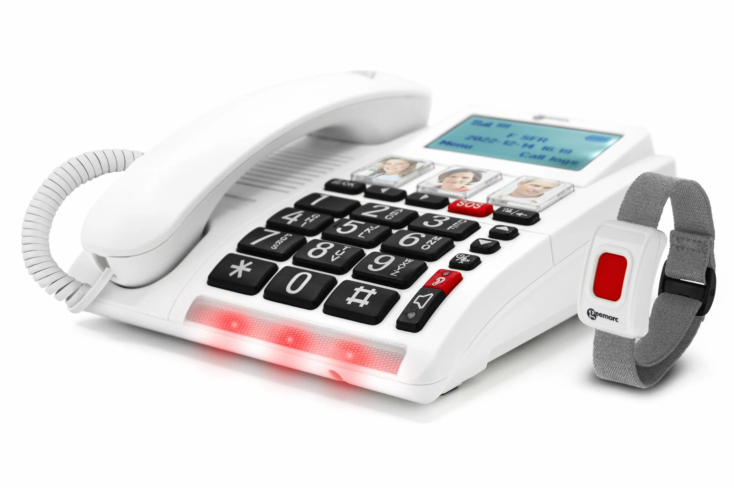 Geemarc CL9000 - Telefono di chiamata di emergenza per la casa e il suo braccialetto SOS impermeabile con grandi pulsanti, volume amplificato e schermo retroilluminato, funziona solo con scheda SIM
