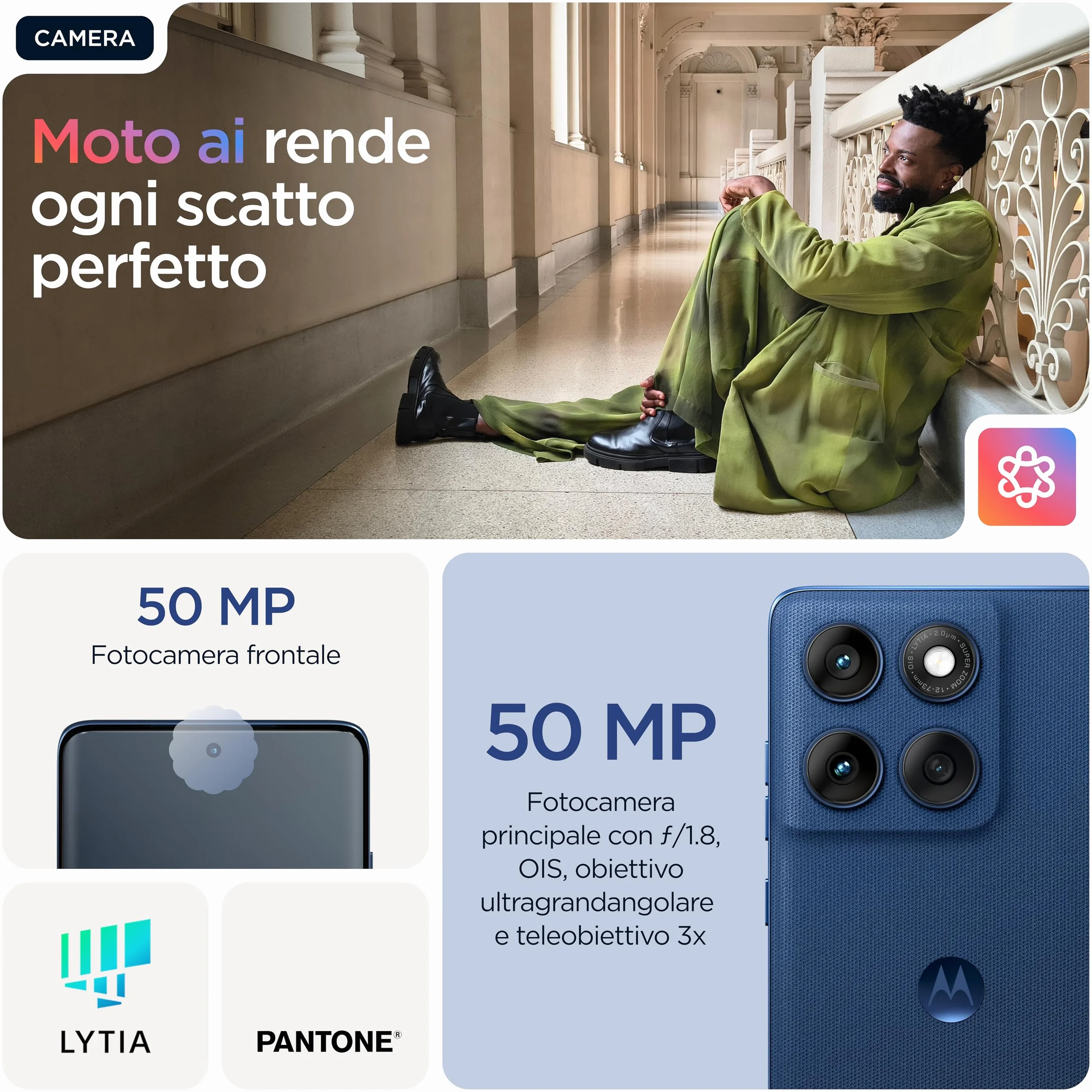Motorola edge 60 con Moto AI (8/256GB, Fotocamera 50+50+10MP, selfie 50MP, Display 6.67" pOLED 120Hz, MediaTek Dimensity 7300, batteria 5100mAh, ricarica 68W, Android 15), PANTONE Gibraltar Sea