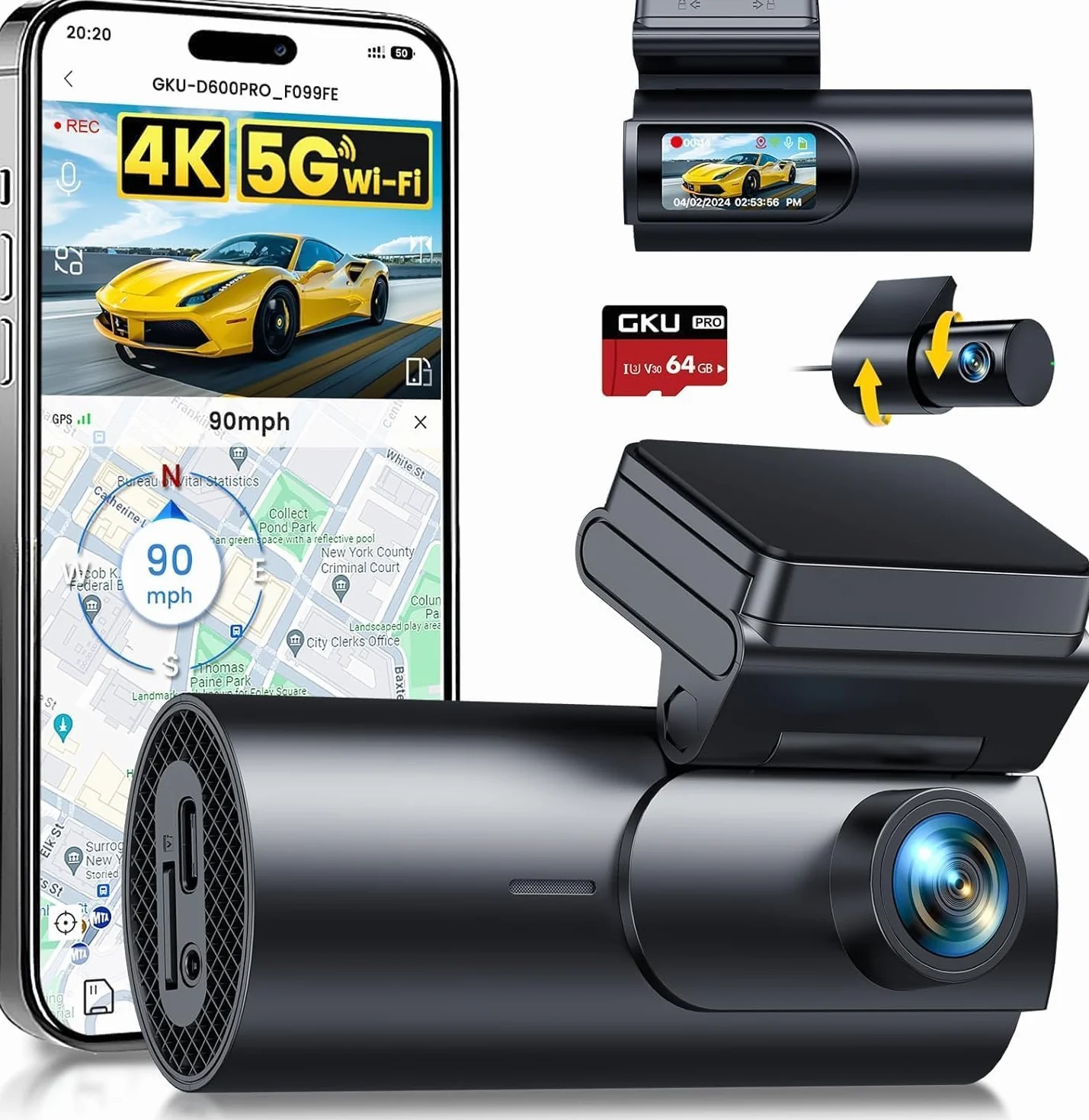 GKU 4K Dash Cam Auto, 5GHz WiFi GPS, Doppia Telecamera, Mini Dashcam IPS 1.5" con Scheda SD 64G, 24H Monitor Parcheggio, Visione Notturna, WDR, Grandangolo 170°, Sensore G, Controllo App