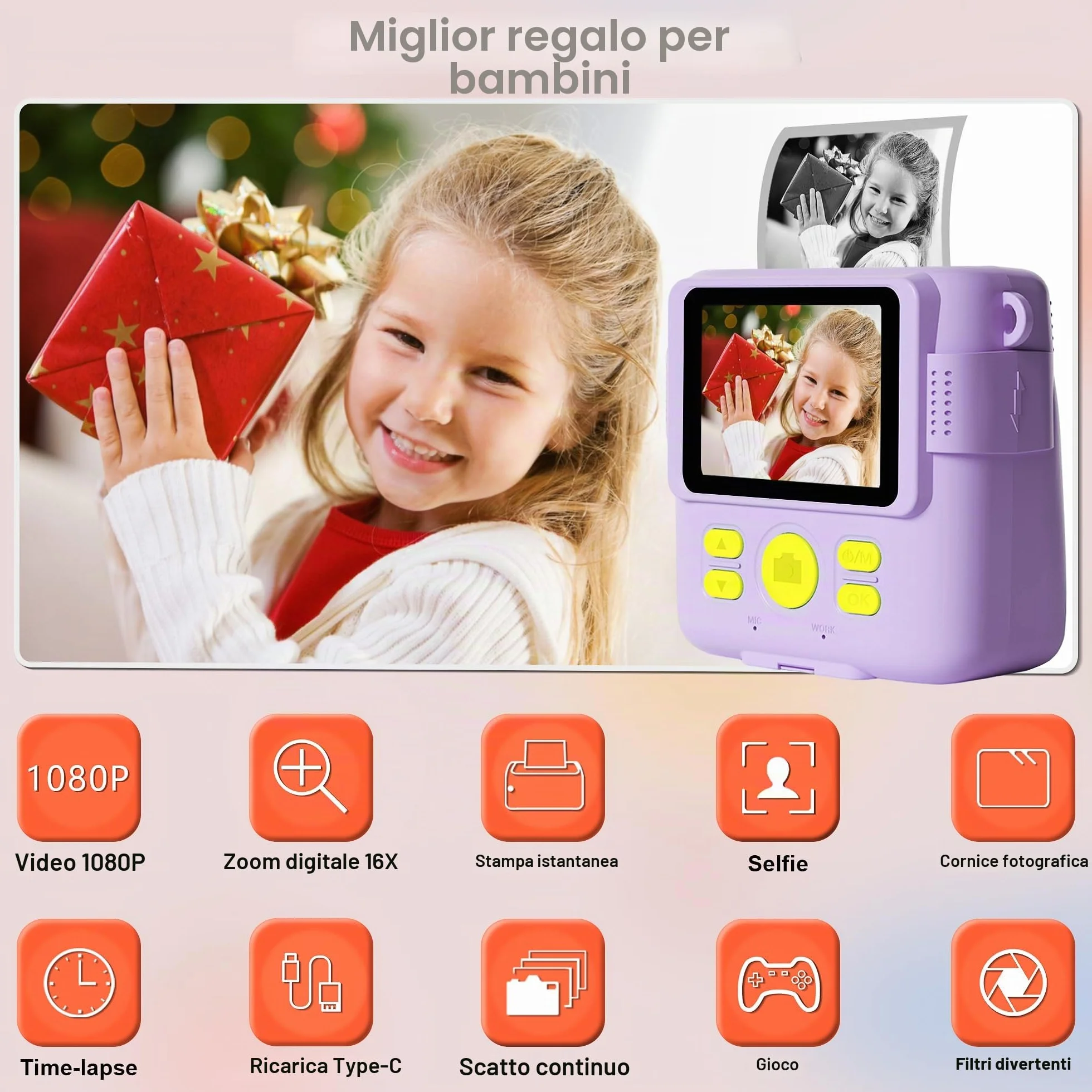 GKTZ Macchina Fotografica Bambini Istantanea - 1080P HD Digitale Fotocamera Stampa, Giocattolo con 32GB Scheda e 3 Rotoli di Carta Fotografica, Regali di Compleanno per Bambine di 4-12 Anni, Viola