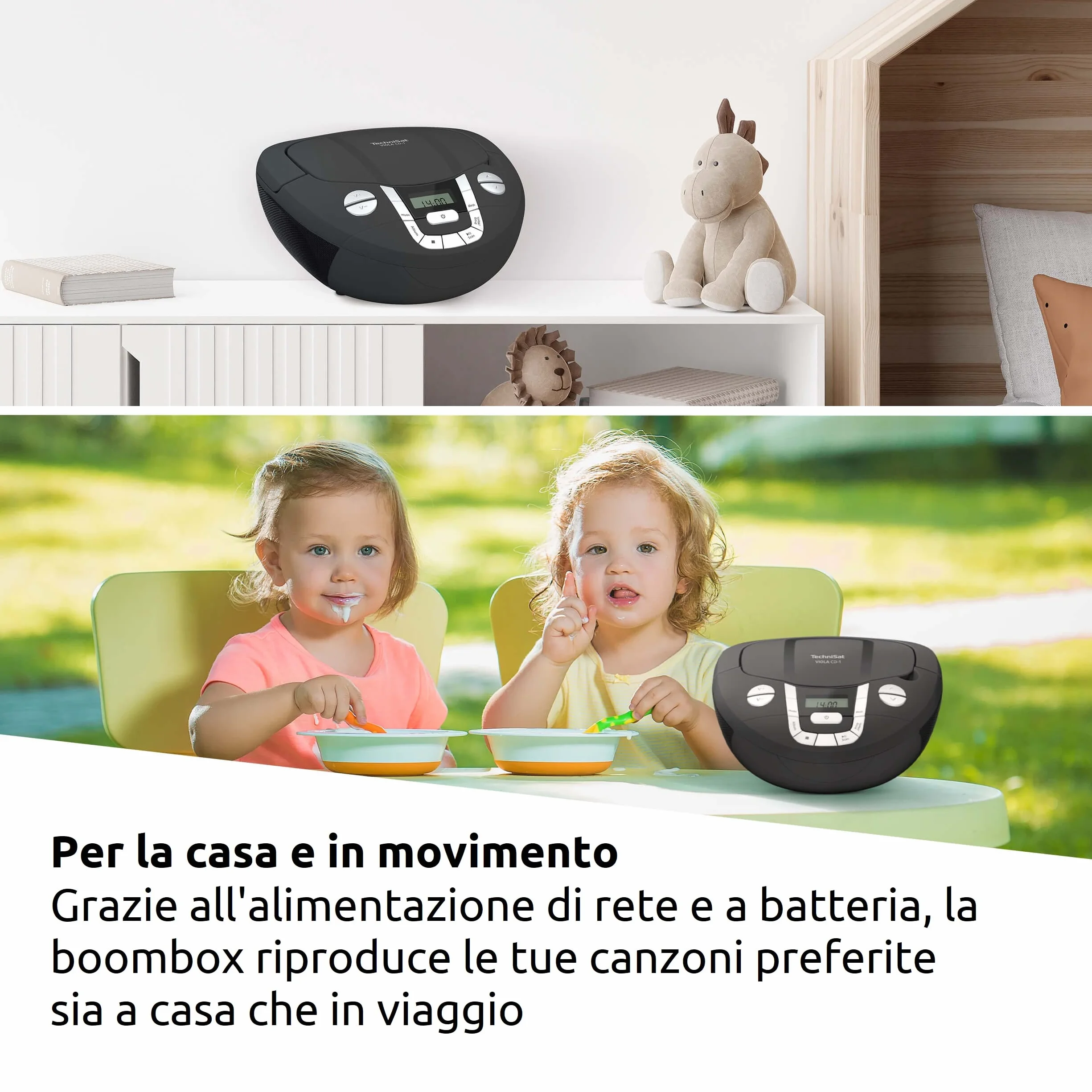 TechniSat VIOLA CD-1 - lettore CD stereo portatile con maniglia per il trasporto, boombox nera, sintonizzatore radio FM, ricezione Bluetooth, potenza di 2 x 1 W RMS, alimentazione a rete e a batteria