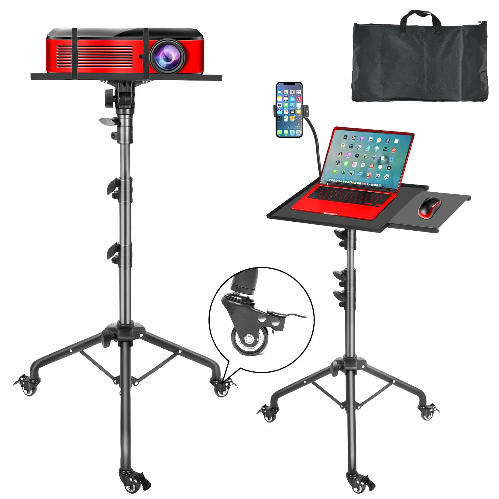 GlobalCrown Supporto Proiettore da Terra Regolabile in altezza (66-160 cm),Treppiede per Proiettore portatile Laptop con Vassoio per mouse e supporto per Telefono,Treppiede rotante con ruote