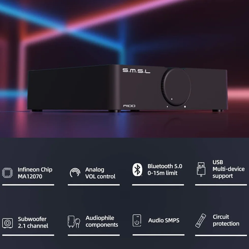 SMSL A100 Amplificatore Hifi, Amplificatore Audio Utilizza Il Chip Ma12070 Di Infineon, Supporto Multi-Dispositivo Usb, Bluetooth 5.0 Con Protezione Del Circuito