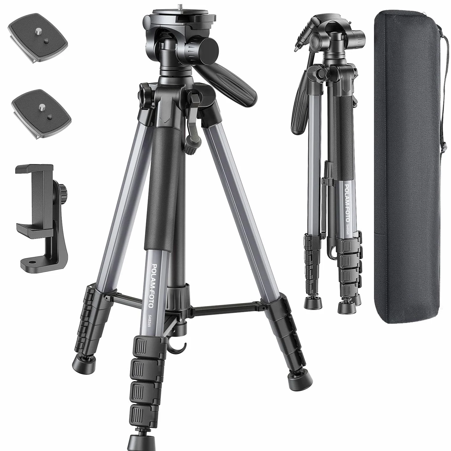POLAM-FOTO Treppiede per fotocamera da 188 cm, treppiede Porfessional in alluminio resistente, treppiede compatto con borsa per il trasporto, con supporto per telefono grigio