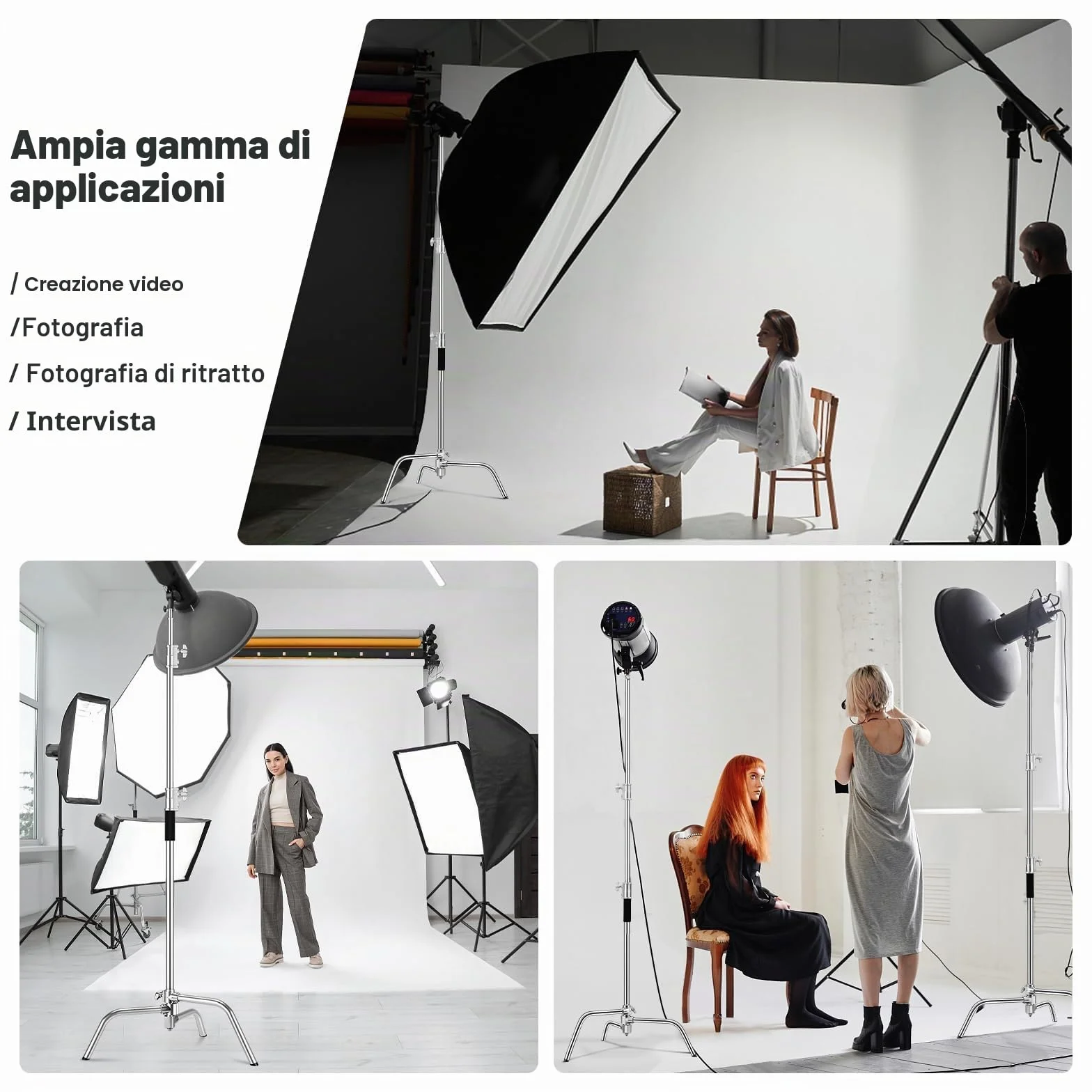 Soonpho 2-Pack C Stand Set 100% Acciaio Inossidabile Heavy Duty Supporto a C Argento Fotografia Light Stand 330cm Regolabile Supporto Luce per Godox AD200 Pro SK400II Aputure 120D