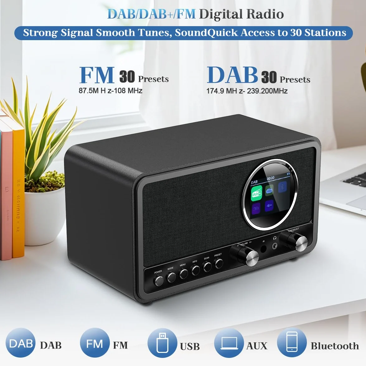 Radio Digitale DAB+/FM Bluetooth con Telecomando e Allarme Doppio, USB/AUX, 30 Stazioni