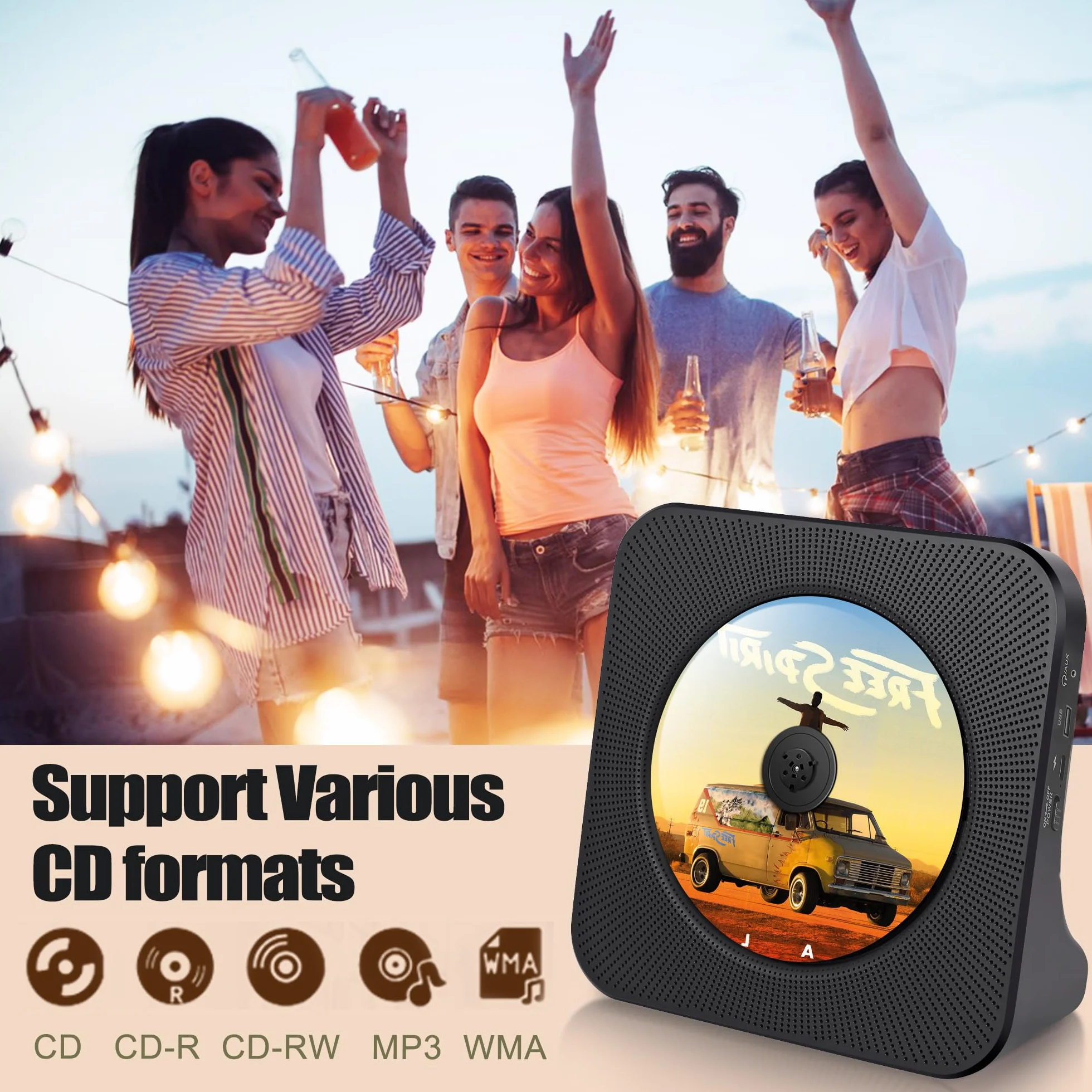 Lettore CD Portatile con Bluetooth, USB, AUX, Stereo Lettore CD Casa Ricaricabile con Copertura, HIFI Sterei per CDs（Nero）
