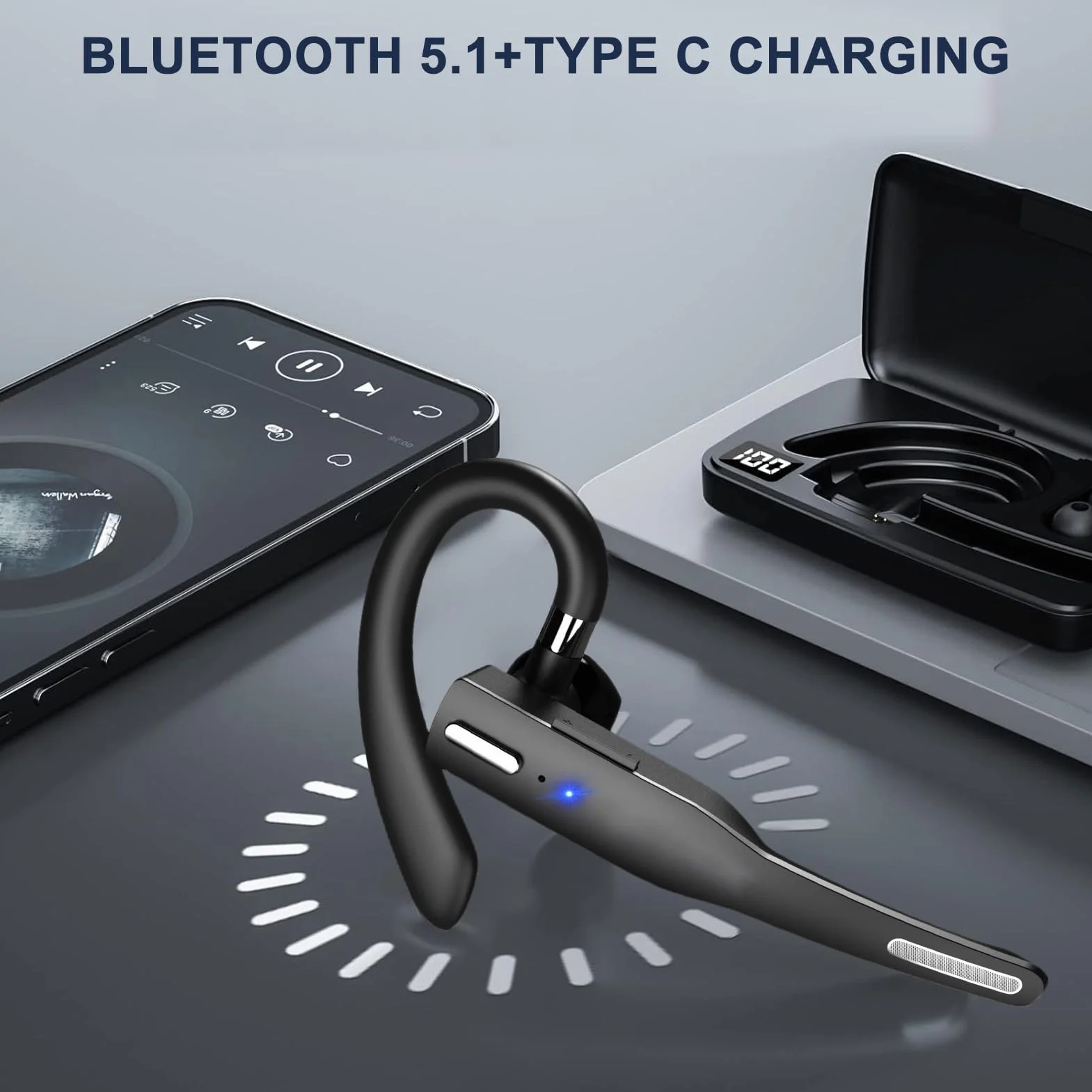 Zunate Auricolare Bluetooth 5.1 senza fili vivavoce con microfono, auricolare singolo orecchio girevole senza fili per guida aziendale e ufficio, controllo One Touch (cuffie standard)