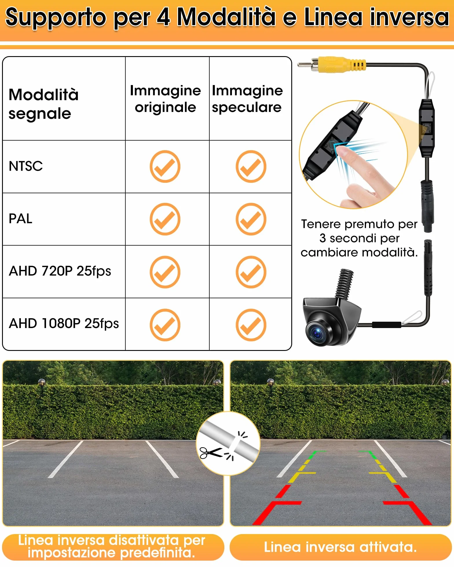 4 Modalità di Segnale Telecamera Retromarcia Auto 360° Ruotabile Supporta i Modelli AHD 1080P/720P/NTSC/PAL Telecamera di Retromarcia per Auto Camion Super Visione Notturna 170° Grandangolo