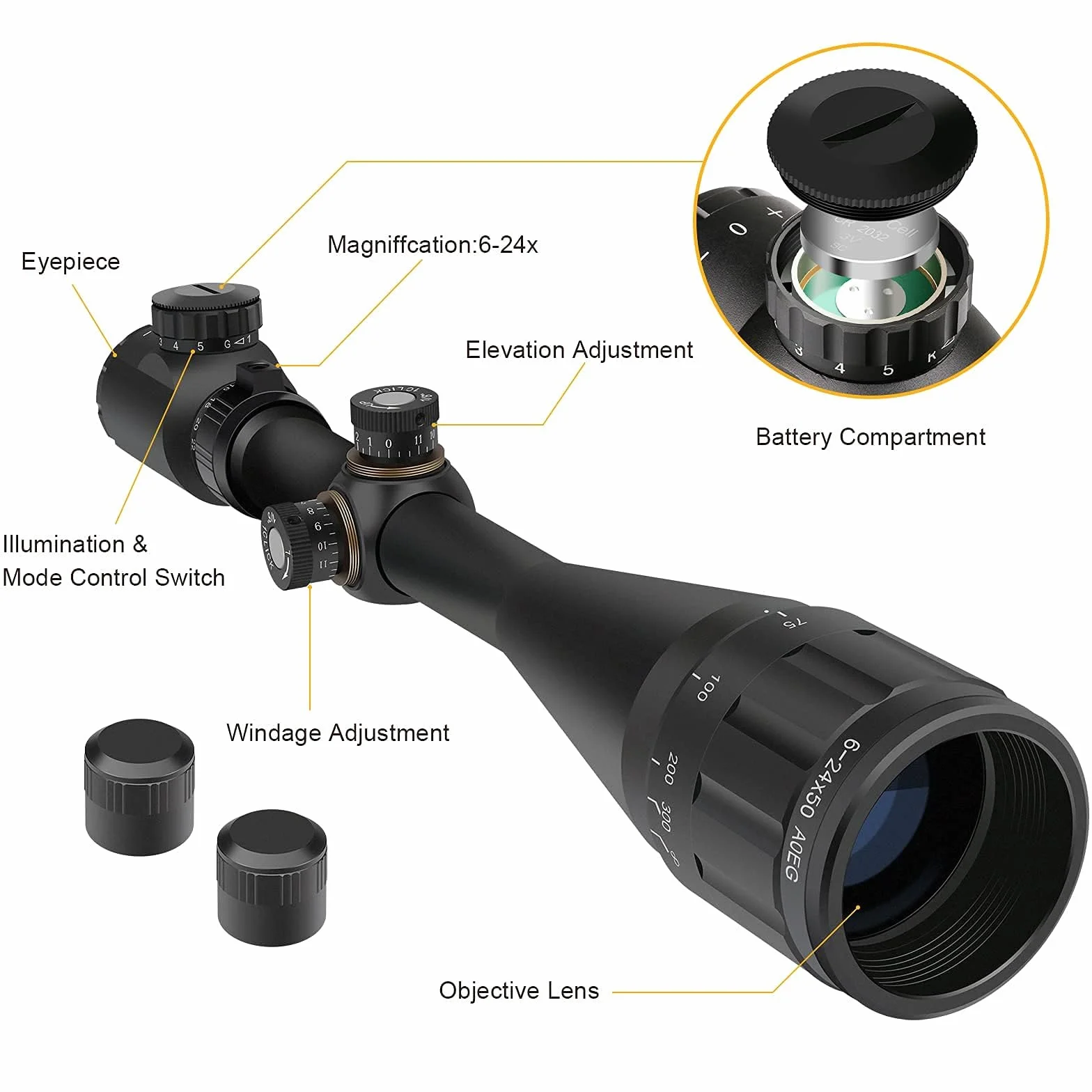 Feyachi RFS-21 Cannocchiale da puntamento 6-24x50 mm con ottica illuminata rossa e verde Cannocchiale con reticolo a telemetro