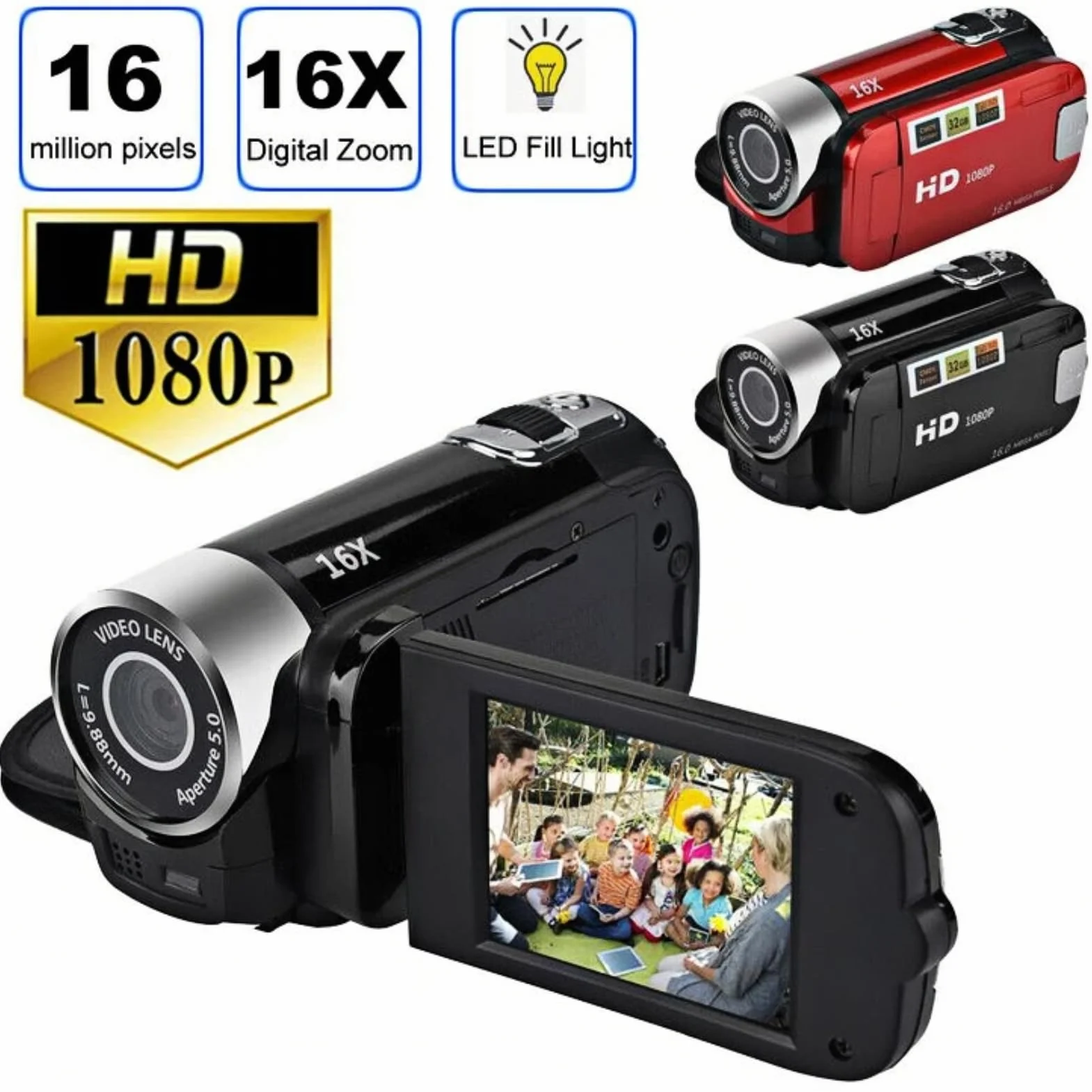 Akozon Videocamera Portatile, Videocamera Dv 1080P 16MP Schermo Girevole TFT da 2,7 Pollici Video 16x per Bambini Zoom Digitale con Cavo USB Mini Lettore Dv Nero (Nero)