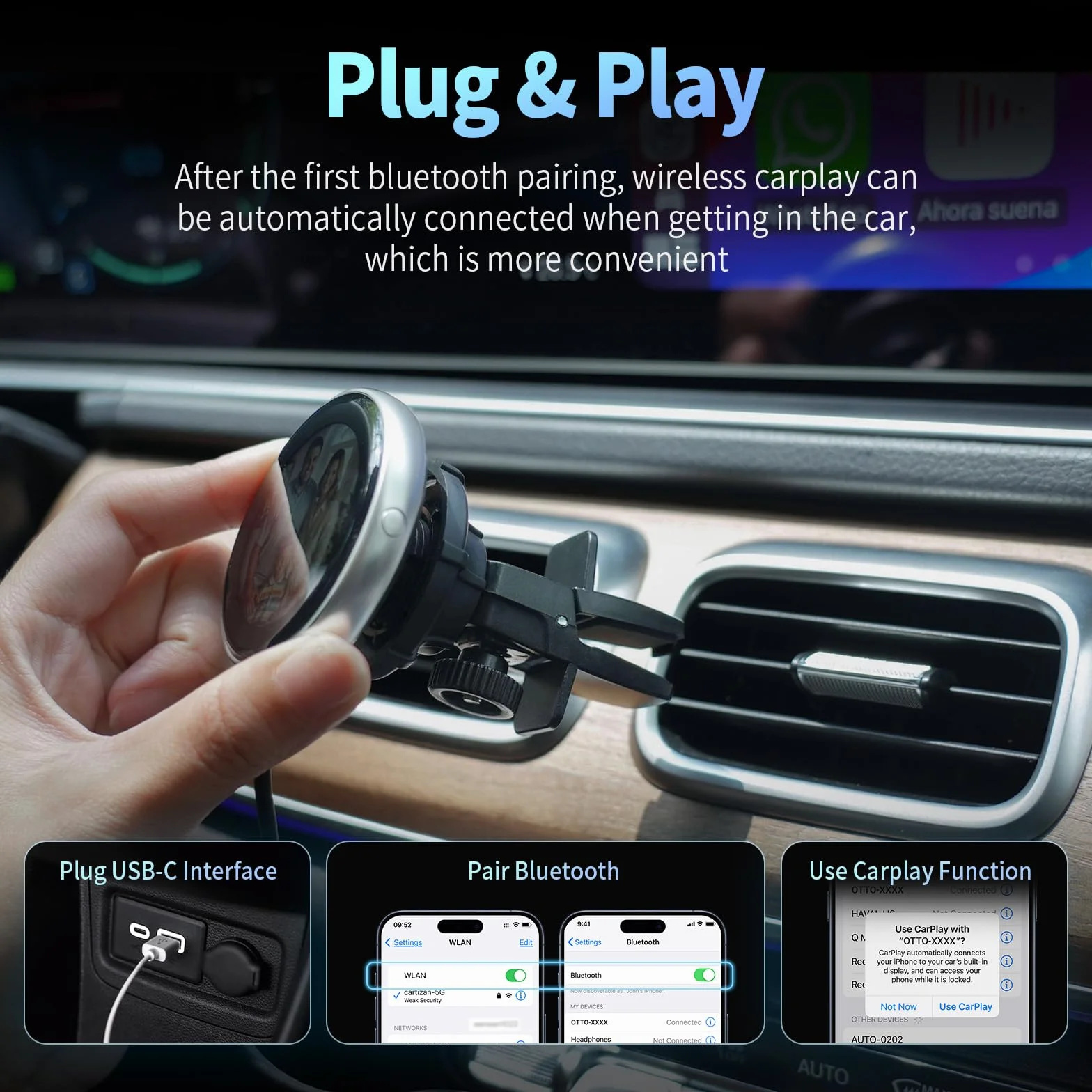 OTTOCAST Adattatore Carplay Wireless Clip, Plug & Play Dongle Wireless CarPlay con Display Elettronico può Mostrare Orologio Immagini Copertina di Album Musicali Compatibile con Auto con Wired CarPlay