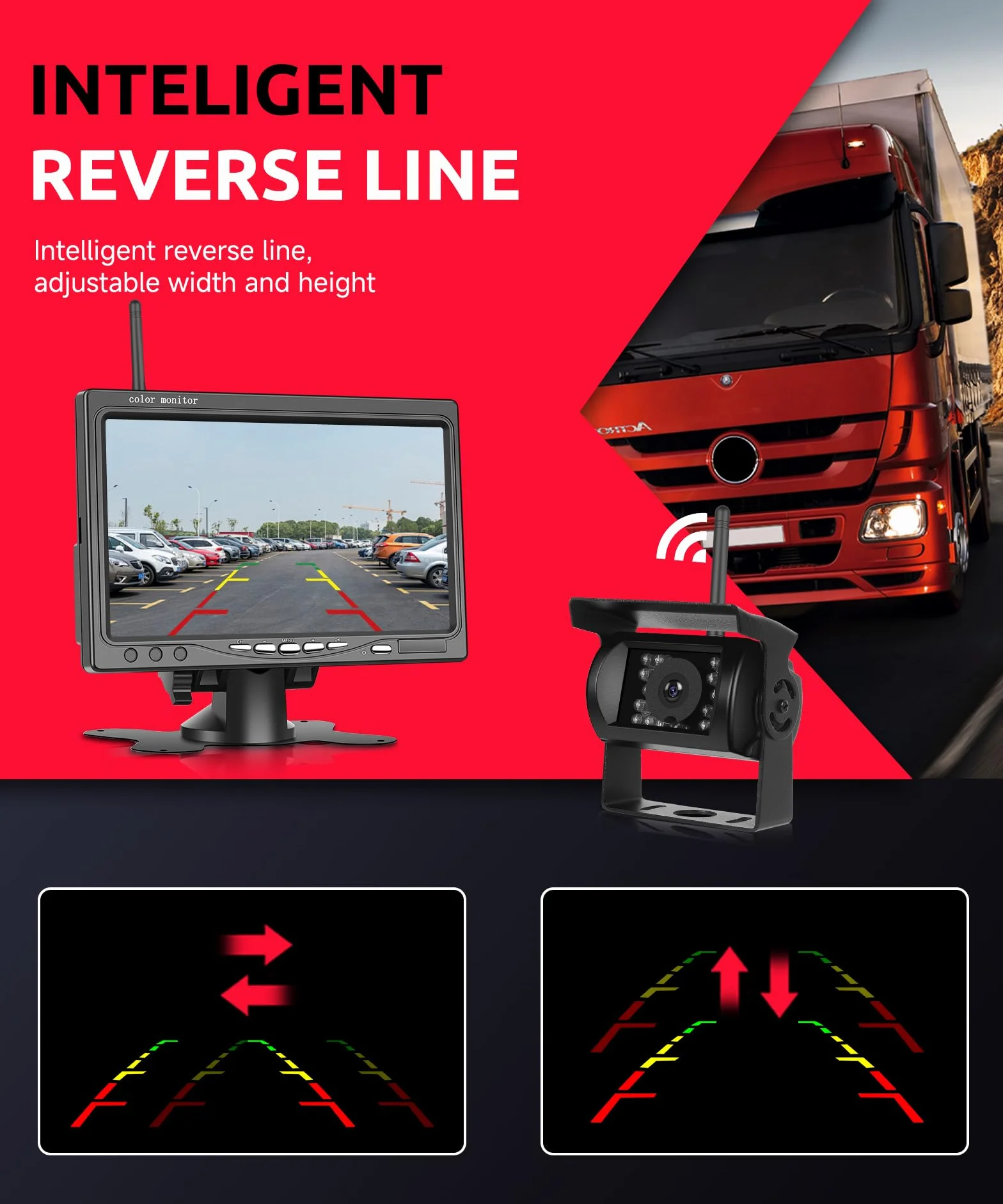 Digitale Senza Fili Telecamere Retromarcia Kit, 7 Pollici IPS Monitor con Visione Notturna IP68 Impermeabile, BSD, Image Flip, Wireless Telecamera Posteriore Auto Camion/Bus/Furgone/Camper/Rimorchio