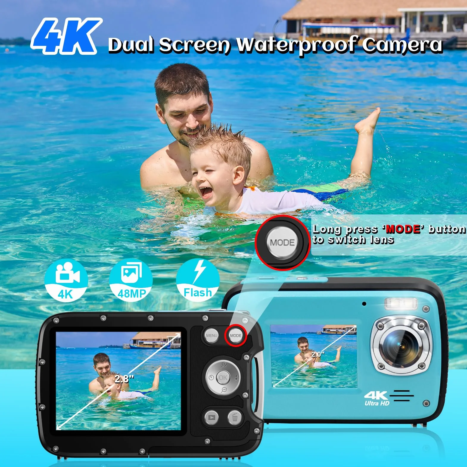 Fotocamera subacquea, 4K 48 MP, fotocamera impermeabile per snorkeling, fotocamera digitale a doppio schermo con messa a fuoco automatica con scheda da 32 GB, zoom 18x, fotocamera compatta