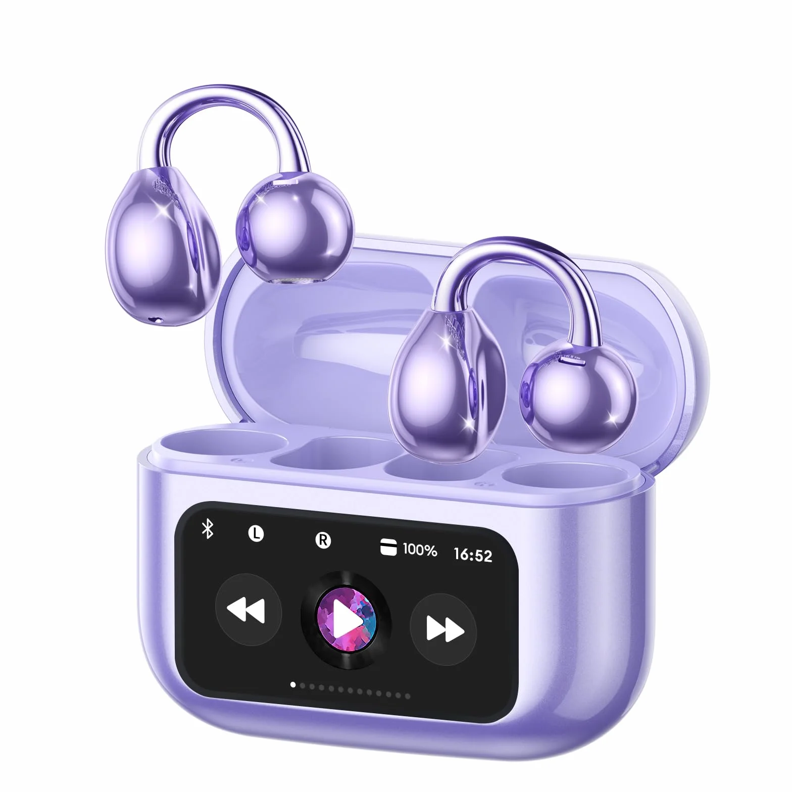 ZOMBIES CAT Auricolari Open Ear Clip-on con Schermo Touch Intelligente – Cuffie Bluetooth 5.4, Audio HiFi, Controllo Musicale & Volume, Auricolari Bluetooth per Sport,M100 Viola