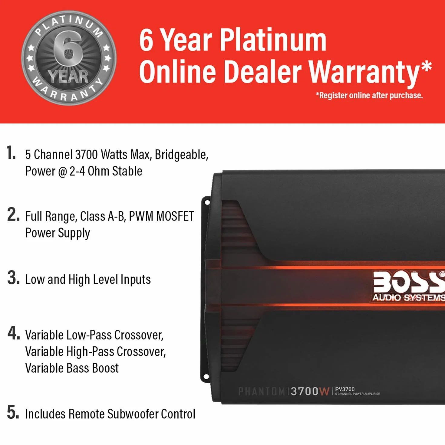 Boss Audio Systems PV3700 5.0 Car Wired Black audio amplifier - Audio Amplifiers (5.0 channels, 3700 W, A/B, 0.01%, 103 dB, 0 - 18 dB)