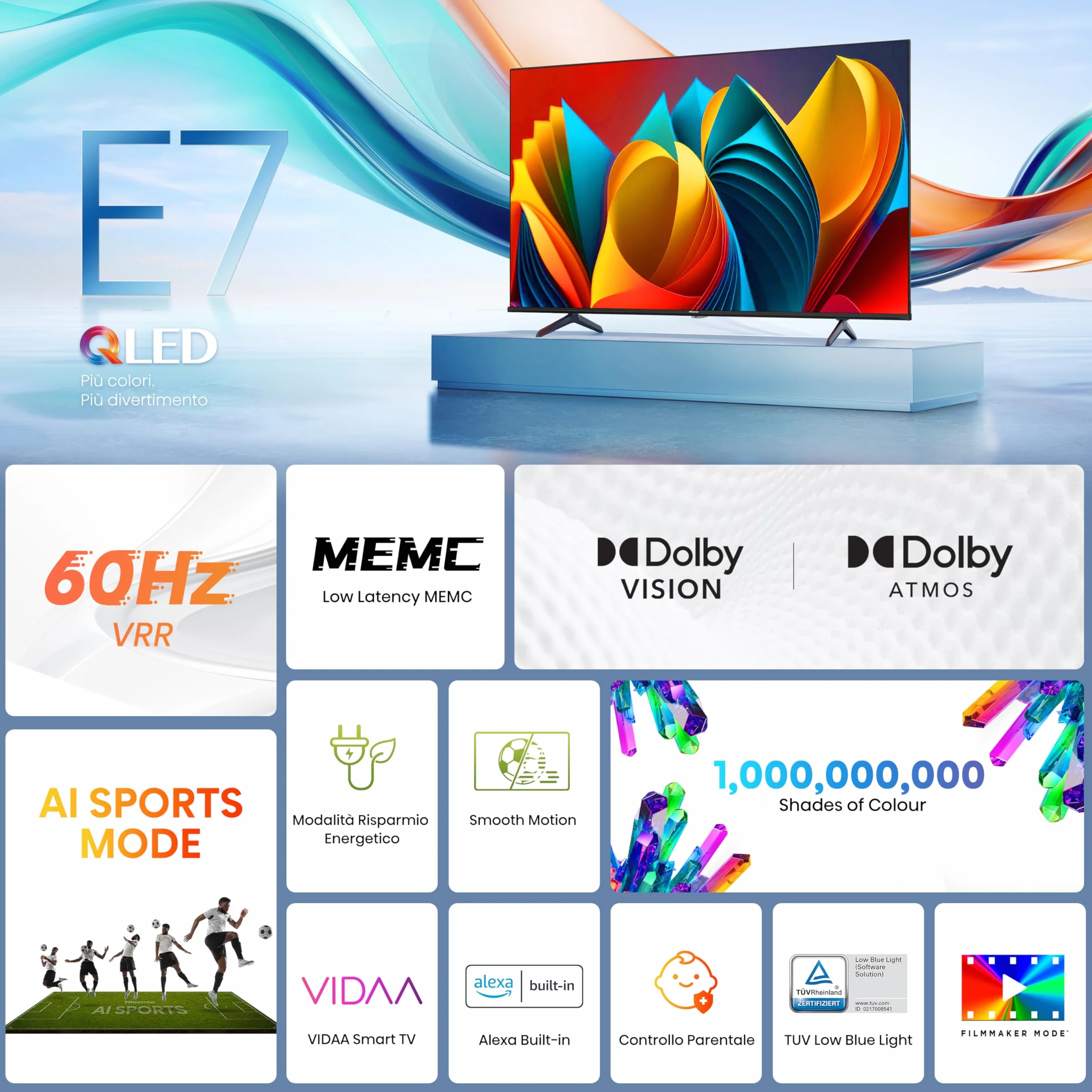 Hisense TV 43" QLED 4K 43E77NQ, Smart TV VIDAA U7, Dolby Vision, HDR 10+, Game Mode Plus, Dolby Atmos, Alexa Built-in, VIDAA Voice, Tuner DVB-T2/S2 HEVC 10, lativù 4K