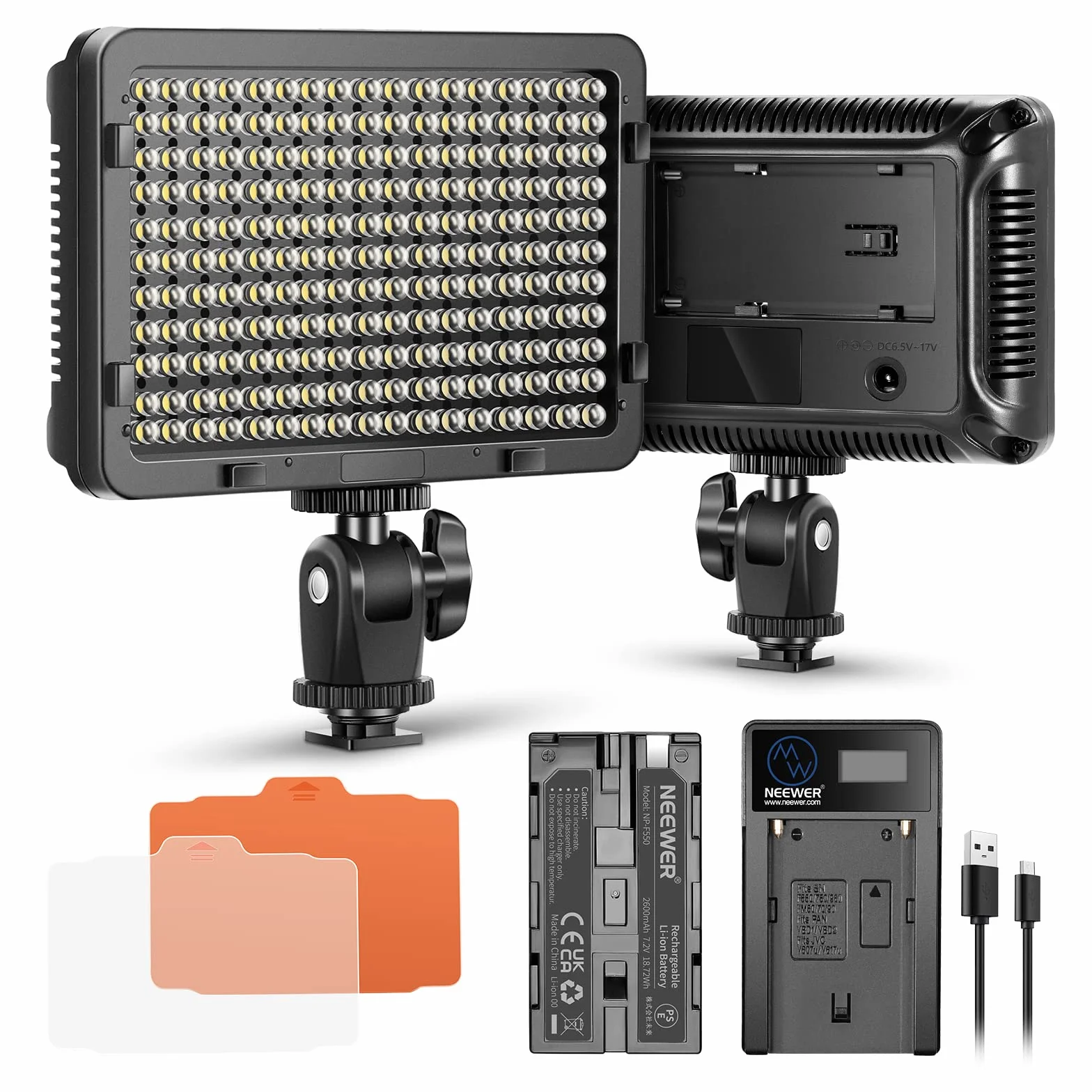 Neewer Pannello Luce 176 LED Dimmerabile 5600K On-camera con Batteria 2200mAh & Caricabatterie a USB, per Fotografia Reflex Digitali Canon Nikon Pentax Panasonic Sony ecc.