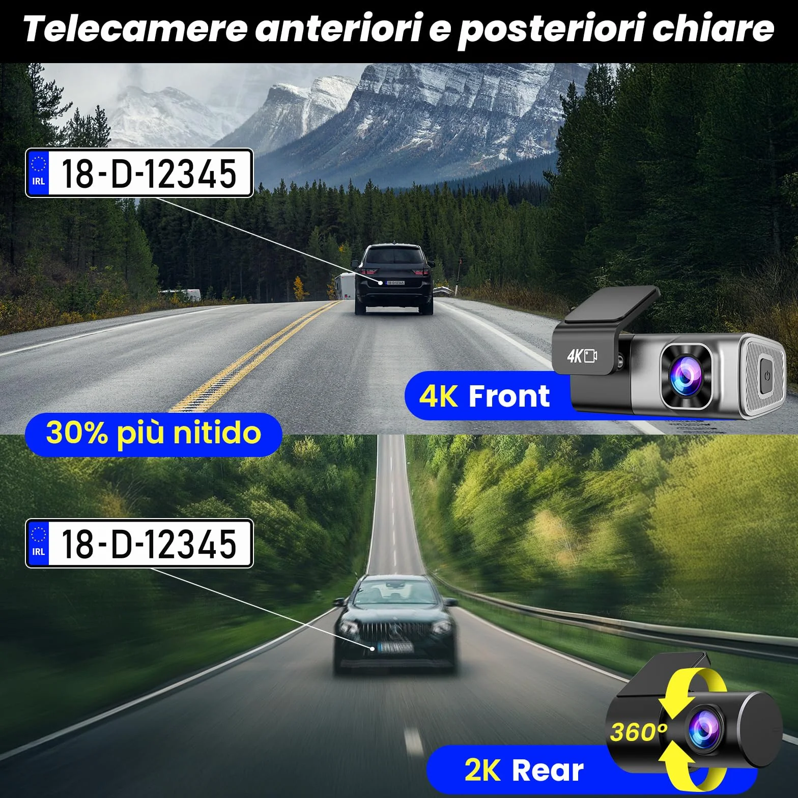 Dash Cam Auto 4K Anteriore e 2K Posteriore, WiFi 5GHz con App, G-Sensor, Registrazione in Loop, Modalità Parcheggio 24H, SD 64G