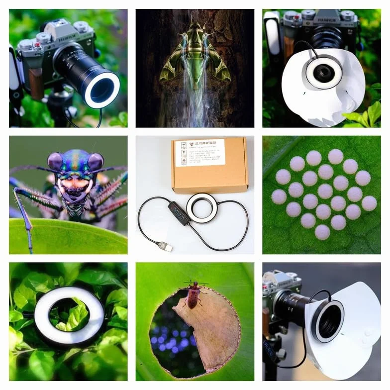 Gua'ge - Luce ad anello per macro a LED, 67 mm, luminosità 7 W, 3 temperature di colore per obiettivo della fotocamera DSLR, con anello adattatore USB