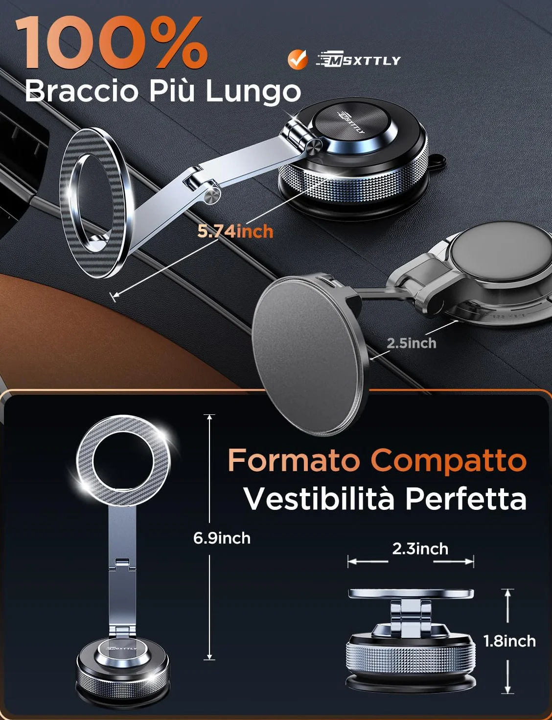 MSXTTLY Supporto Magnetico Cellulare Auto, 2026 Vmag-S3 Forte Ventosa, Rotazione 360°, Compatibile con iPhone 17–12 e Android, Nero