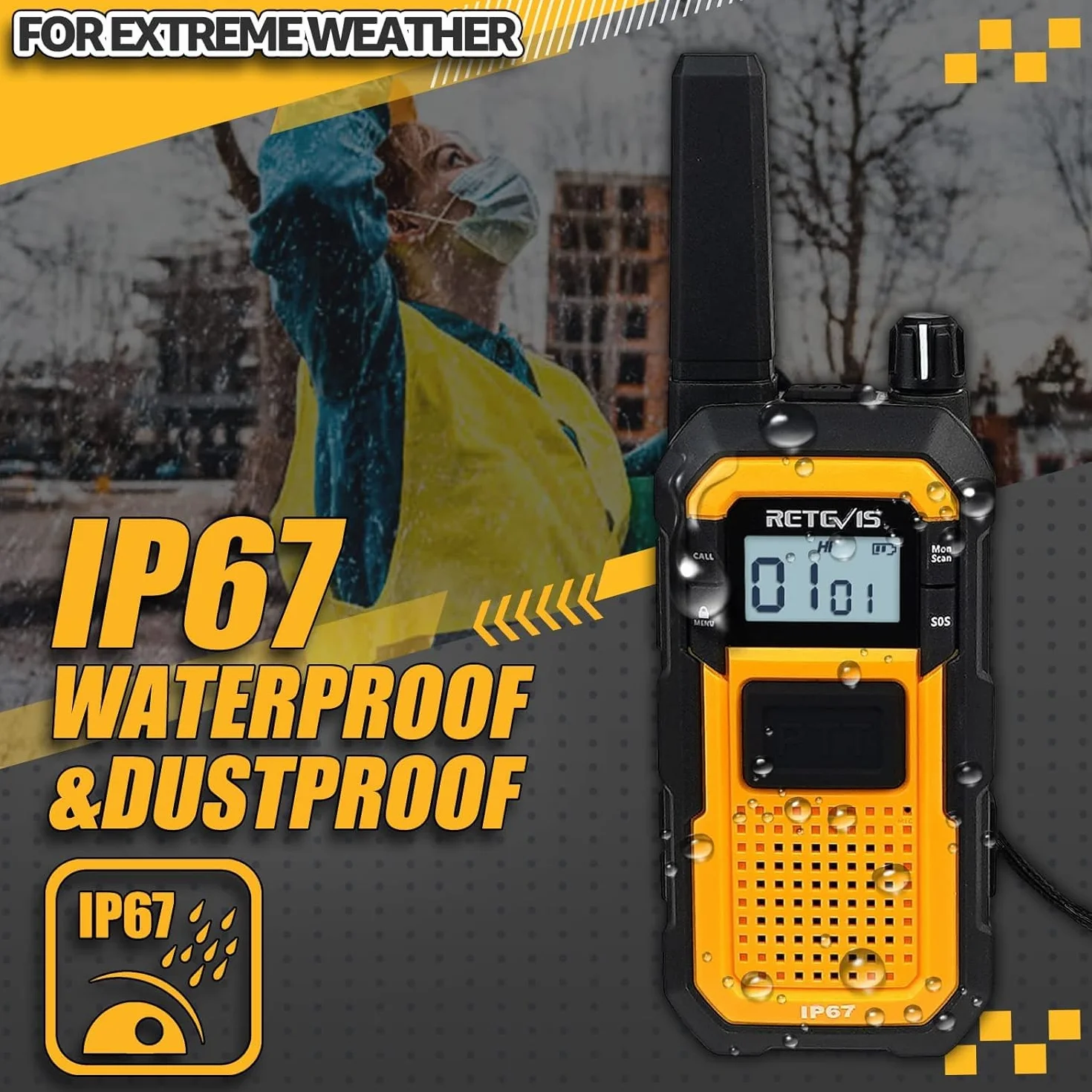 Retevis RB648 Walkie Talkie, Radio Bidirezionale Impermeabile IP67,walkie talkie professionali Anticaduta, Antipolvere, Tripla Prova Avanzata,Adatto per edifici Industriali (2 Pezzi, Giallo)