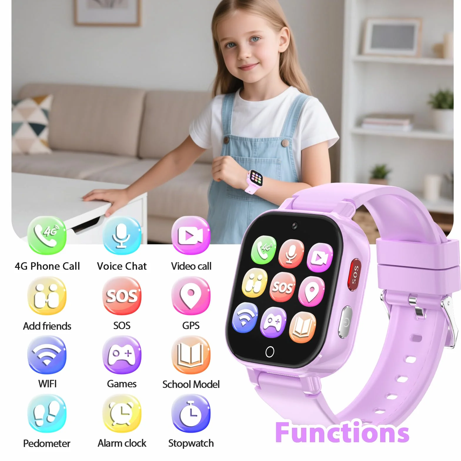 Smartwatch Bambini 4G con Videochiamata, GPS, SOS, Chat Vocale, IP68 Impermeabile, Modalità Classe, Contapassi, Sveglia, Camera, Orologio Smartwatch Regalo per Bambino e Bambina 4-12 Anni (Lila-8A)
