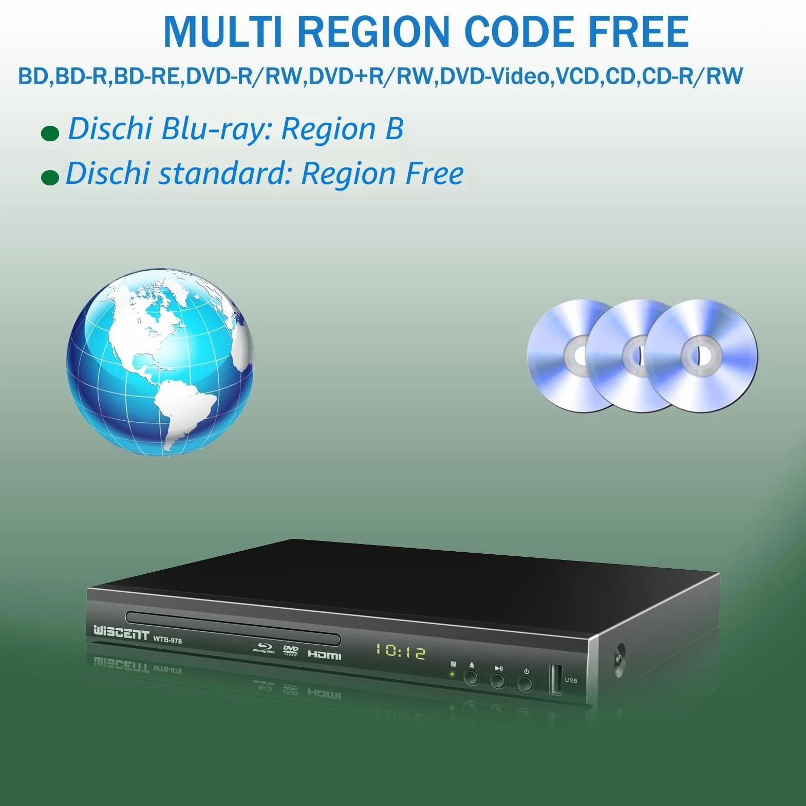 Lettore Blu-Ray per TV, WISCENT Lettore DVD con Coassiale/HDMI/AV, ingresso USB, tutti i DVD e la regione B/2 Blue Ray Discs, Lettore Bluray Compatto Full HD 1080p (WTB-978B)